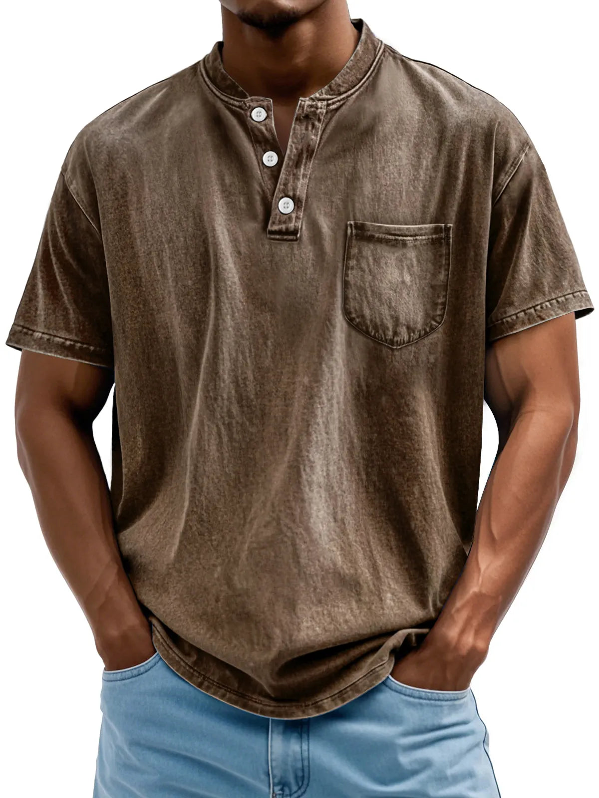 Men's Retro Stand Collar Pocket Casual Solid Color Short Sleeve Henley Shirt