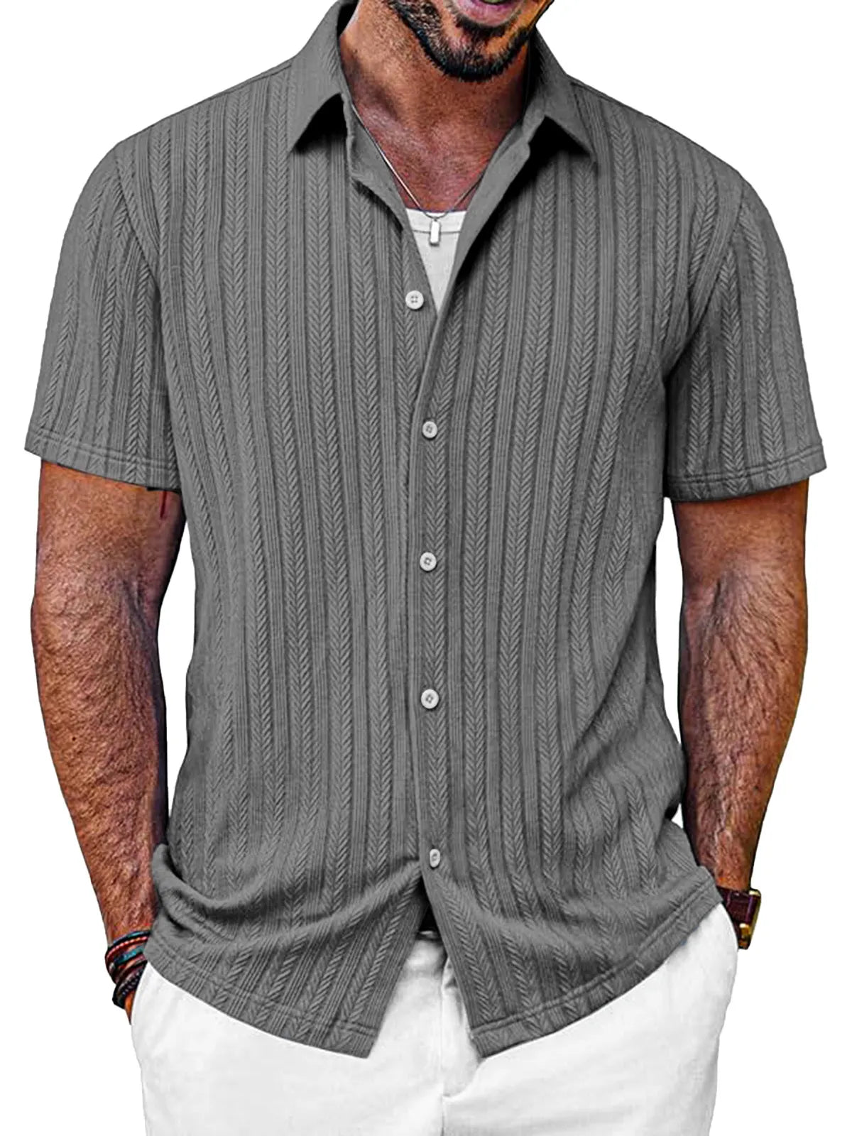 Men's Casual Solid Color Textured Short-sleeved Button-down Shirt