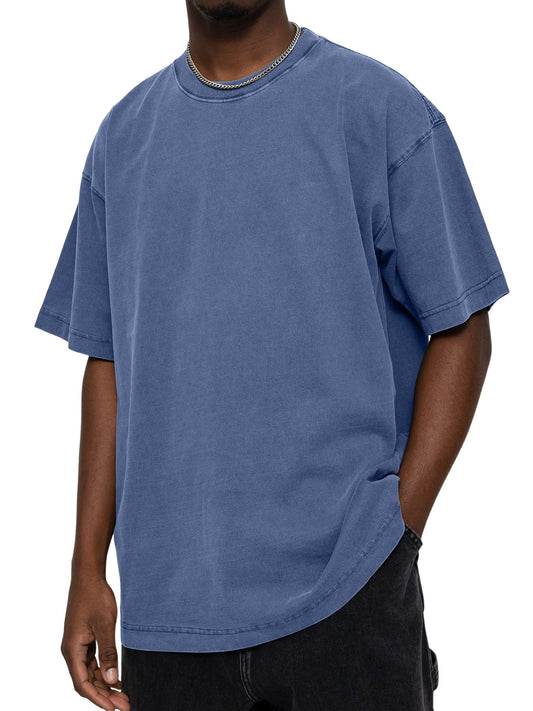 Men's 100% Cotton Vintage Washed Water Distressed Casual Round Neck T-shirt