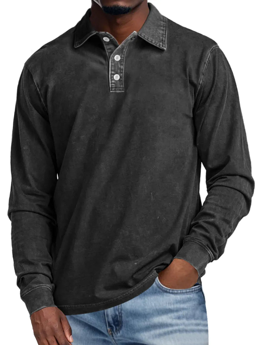 Men's Retro Lapel Button Casual Solid Color Long Sleeve Polo Shirt
