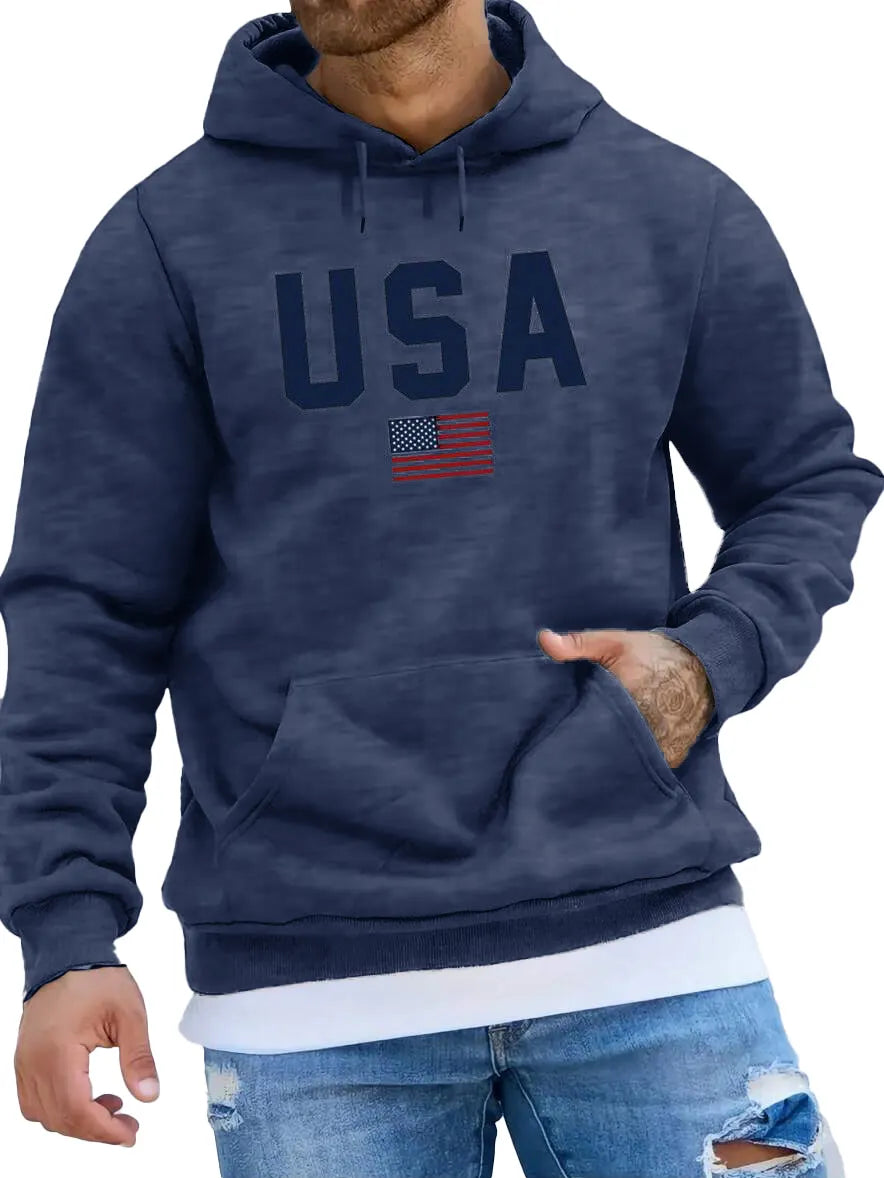 Men's Fashionable American Flag Print Pocket Long Sleeve Hoodie