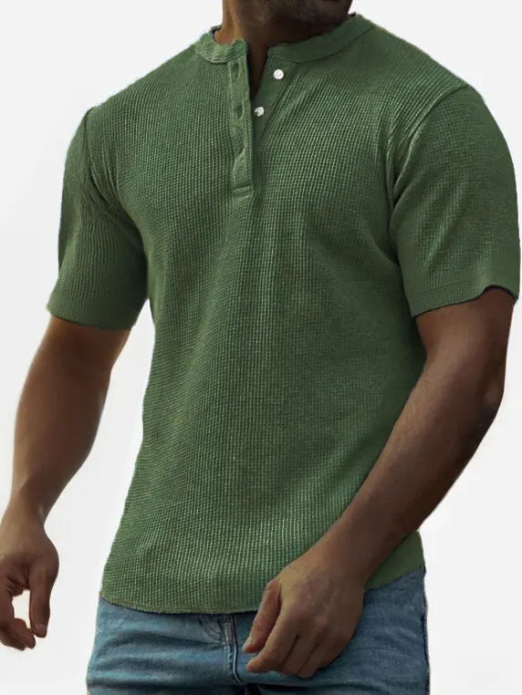Men's Waffle Fashion Button-Down Henley Short Sleeve Top