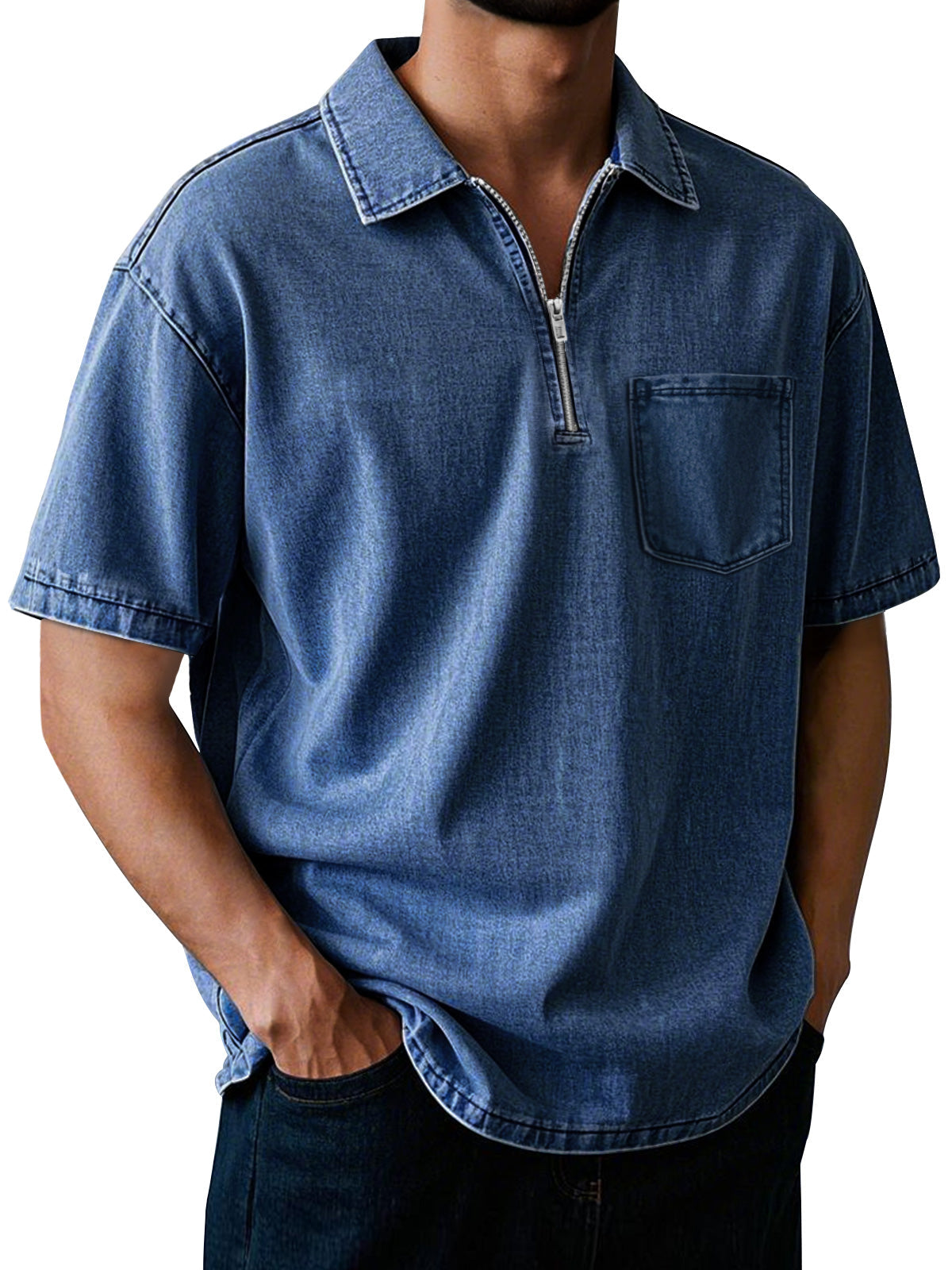 Men's Retro Lapel Zipper Pocket Casual Solid Color Short Sleeve POLO Shirt