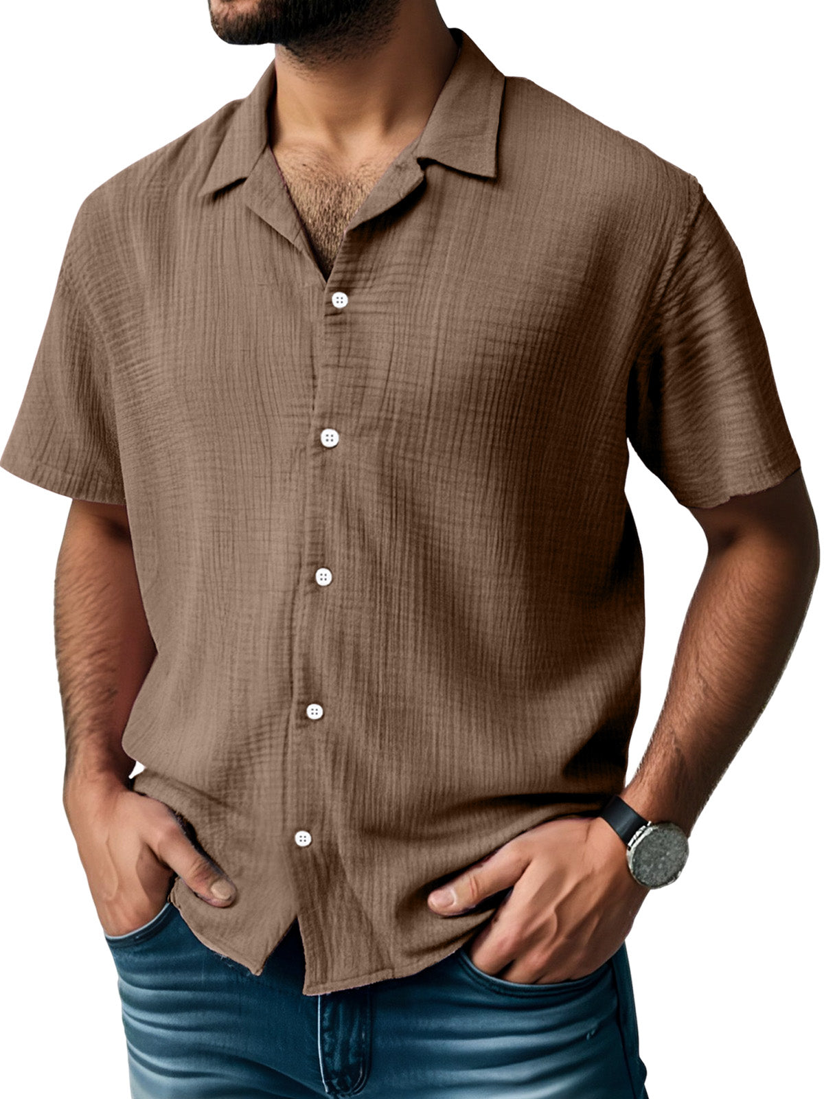 Men's Everyday Solid Color Pleated Texture Short-sleeved Shirt