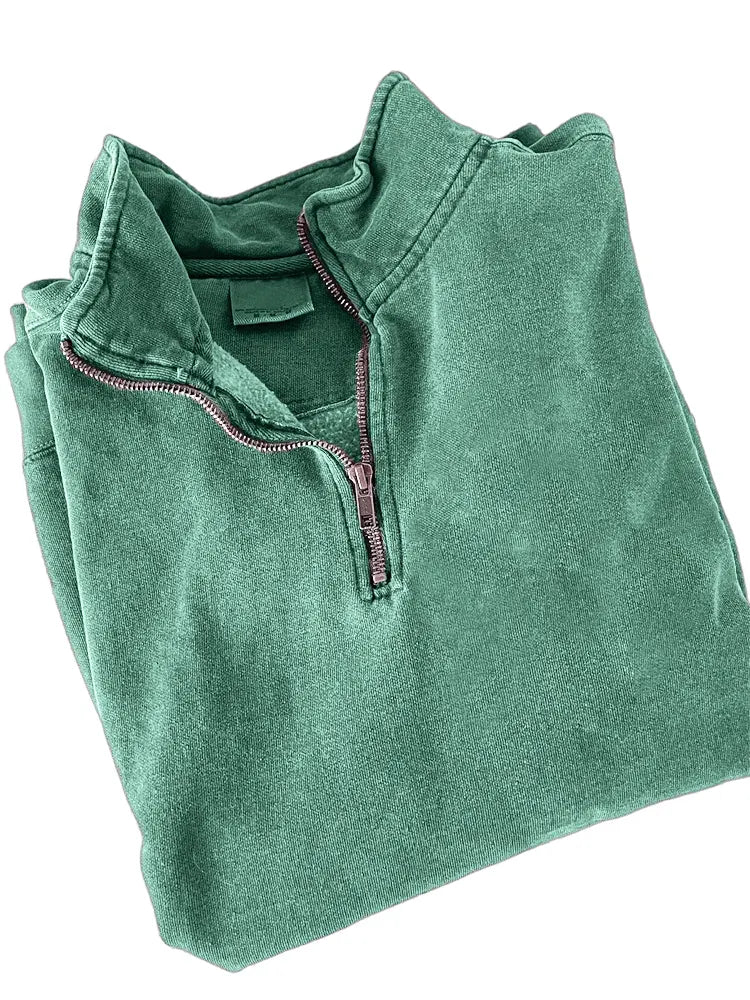 Men's Quarter Zip Distressed Washed Cotton Zipper Long Sleeve Sweatshirt