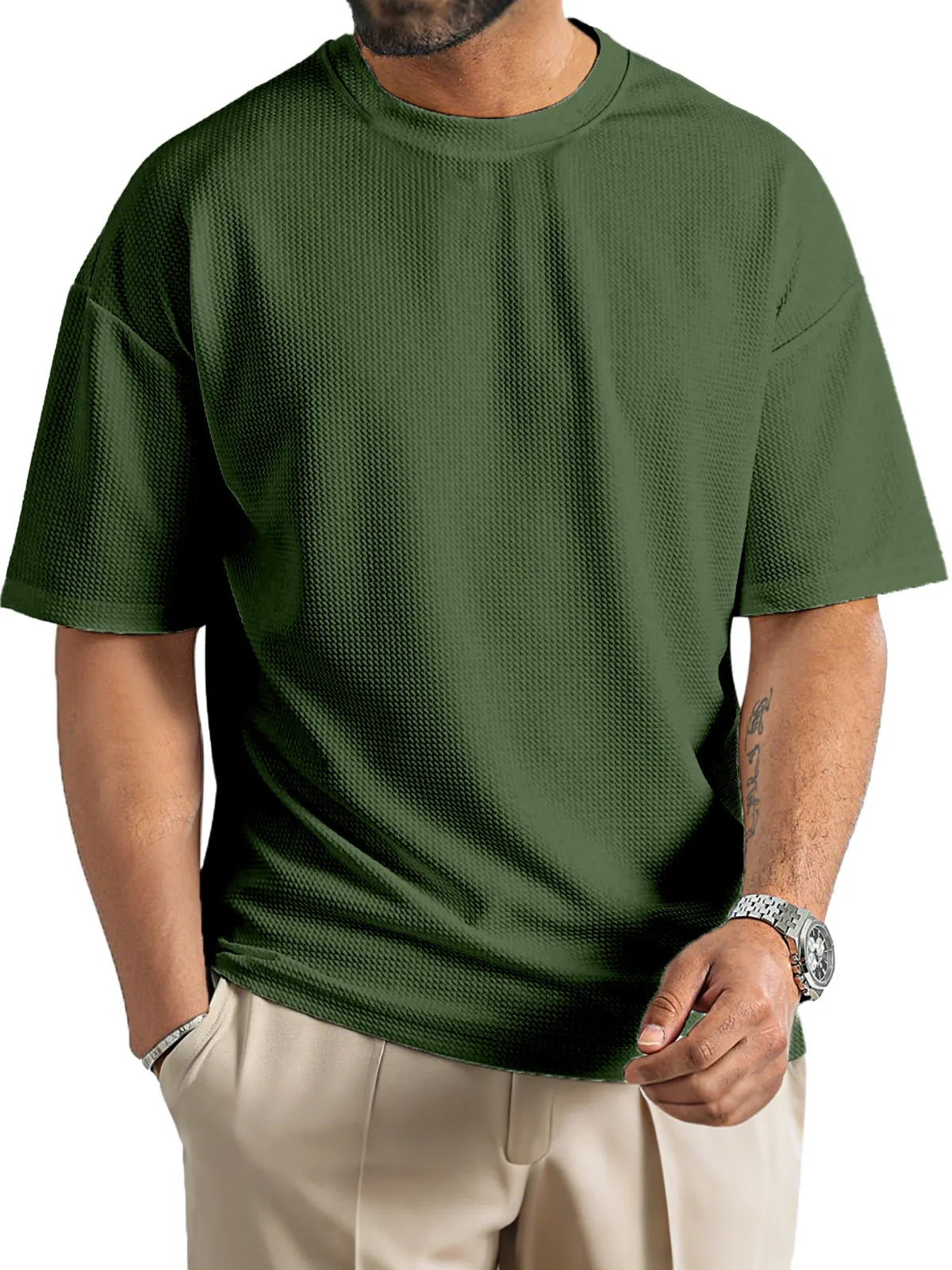 Men's Daily Solid Color Waffle Texture Round Neck Short-sleeved T-shirt