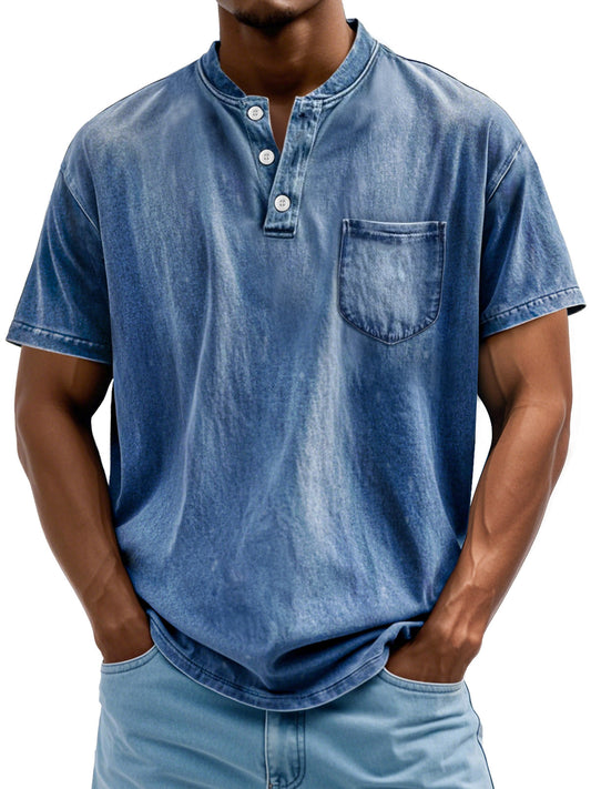 Men's Retro Stand Collar Pocket Casual Solid Color Short Sleeve Henley Shirt