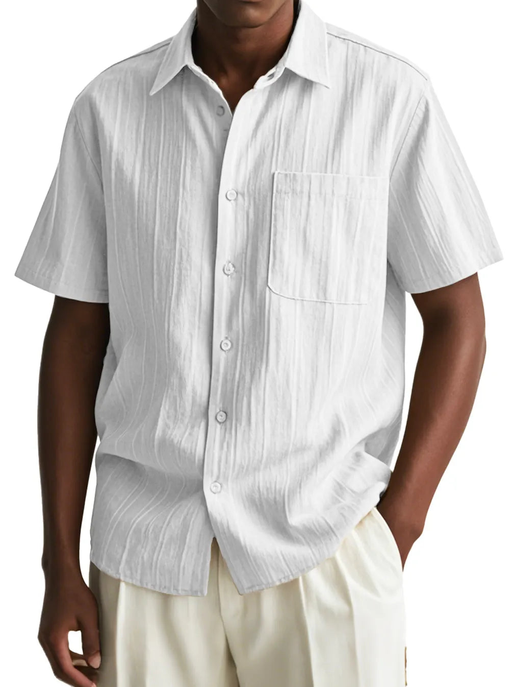 Men's Fashion Casual Pleated Fabric Short Sleeve Pocket Shirt