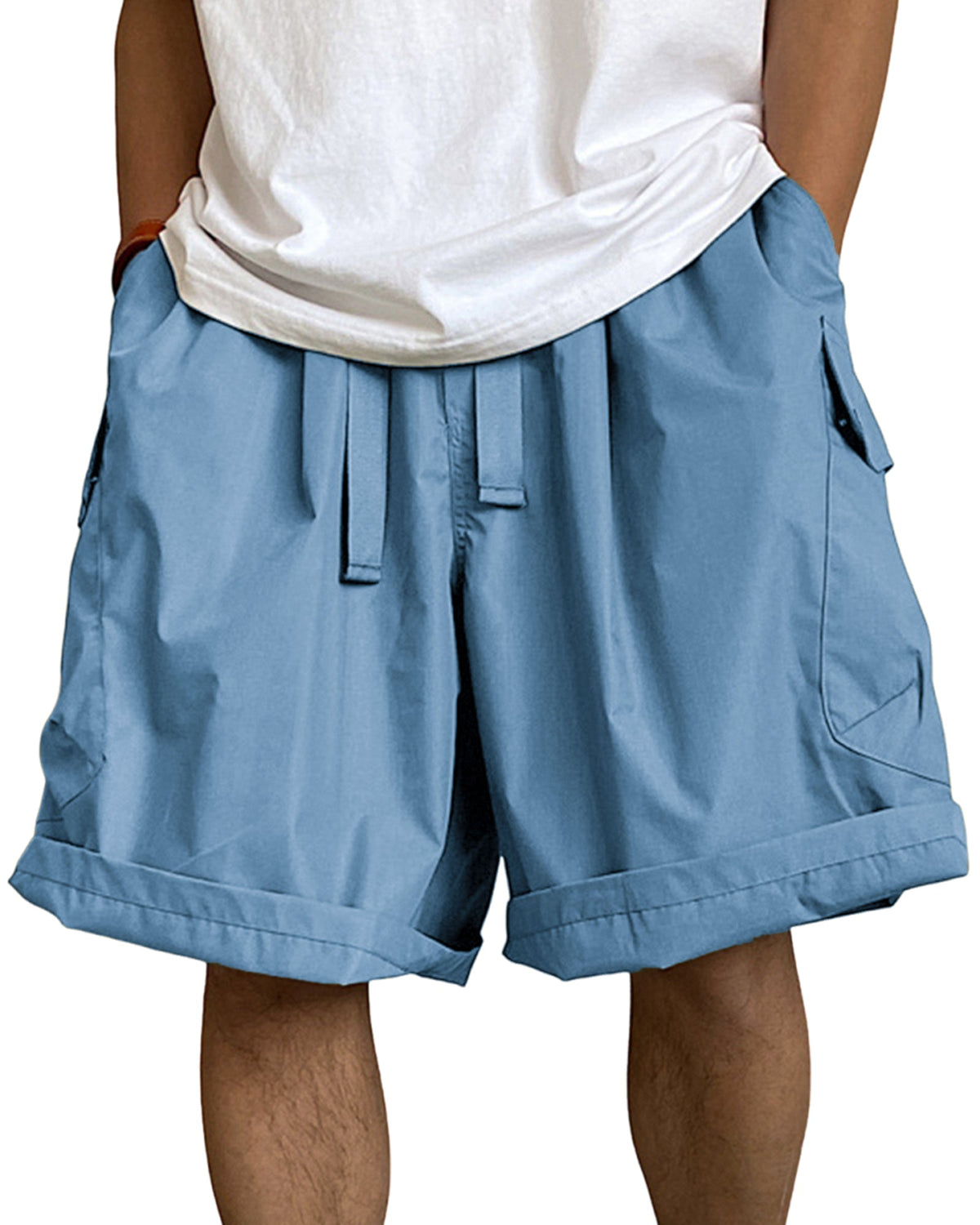 Men's Multi-Pocket Cargo Shorts Breathable Loose Drawstring Shorts with Side Pockets