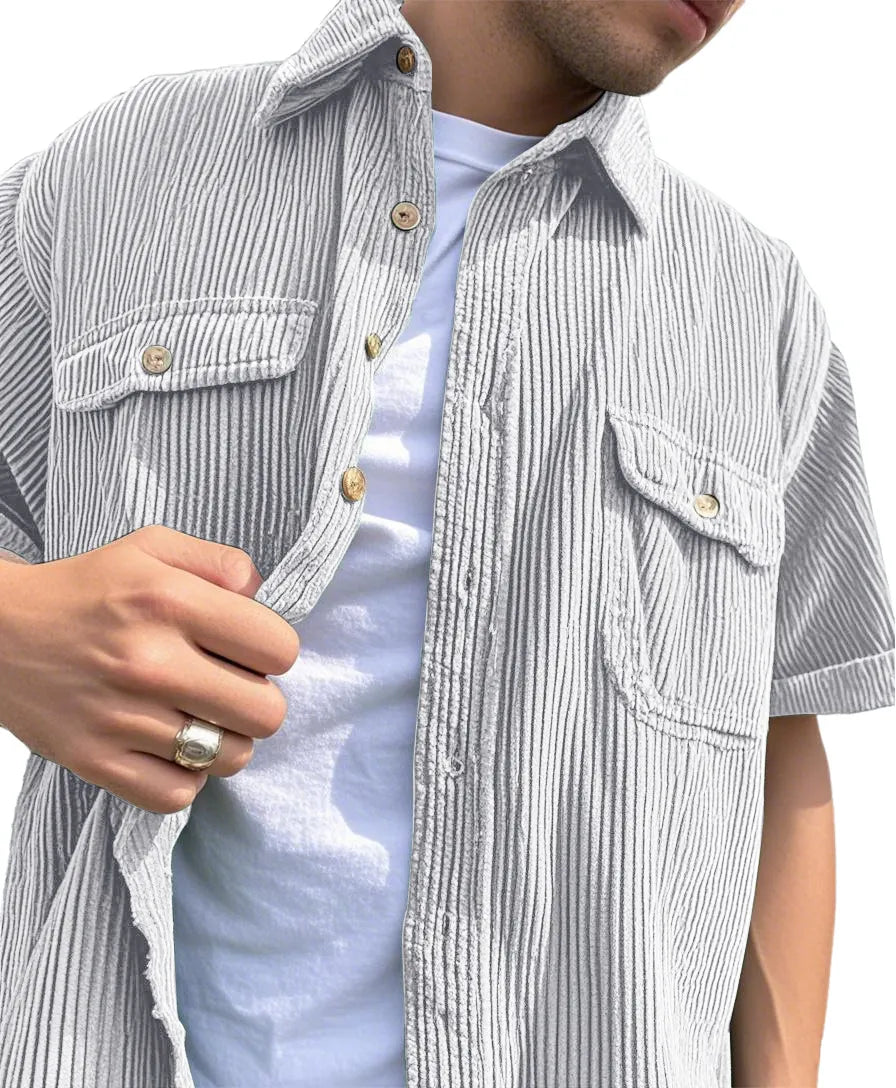 Men's Fashion Double-pocket Retro Corduroy Workwear Casual Short-sleeved Shirt