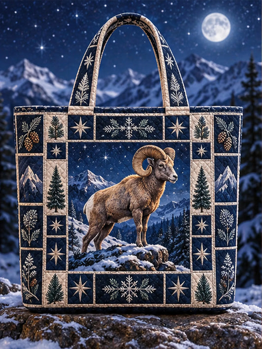 Bighorn Sheep Snow Mountain Full Moon Pine Patchwork Quilted Tote Bag