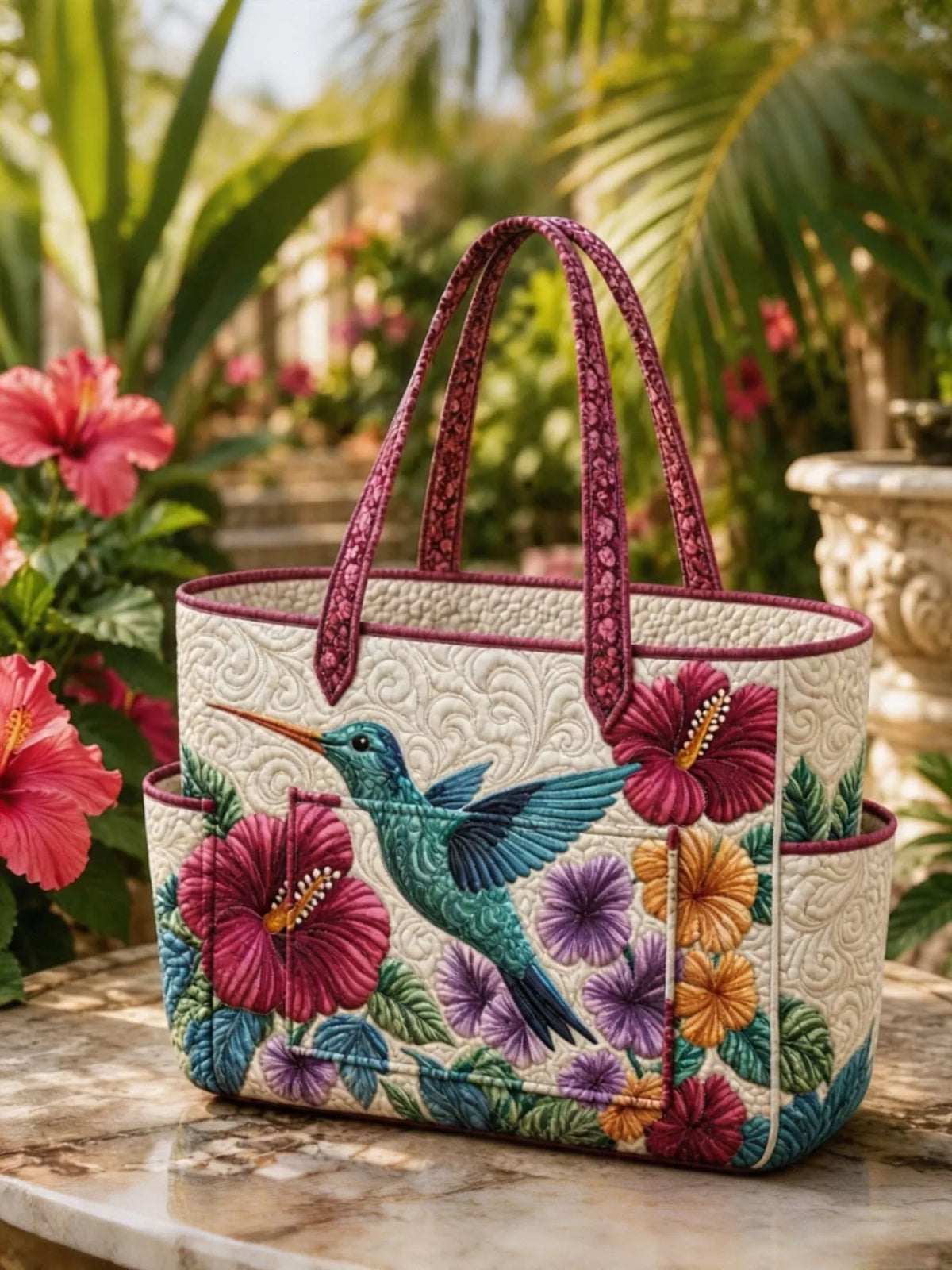 Elegance Hummingbird Multiple Pockets Quilted Tote Bag