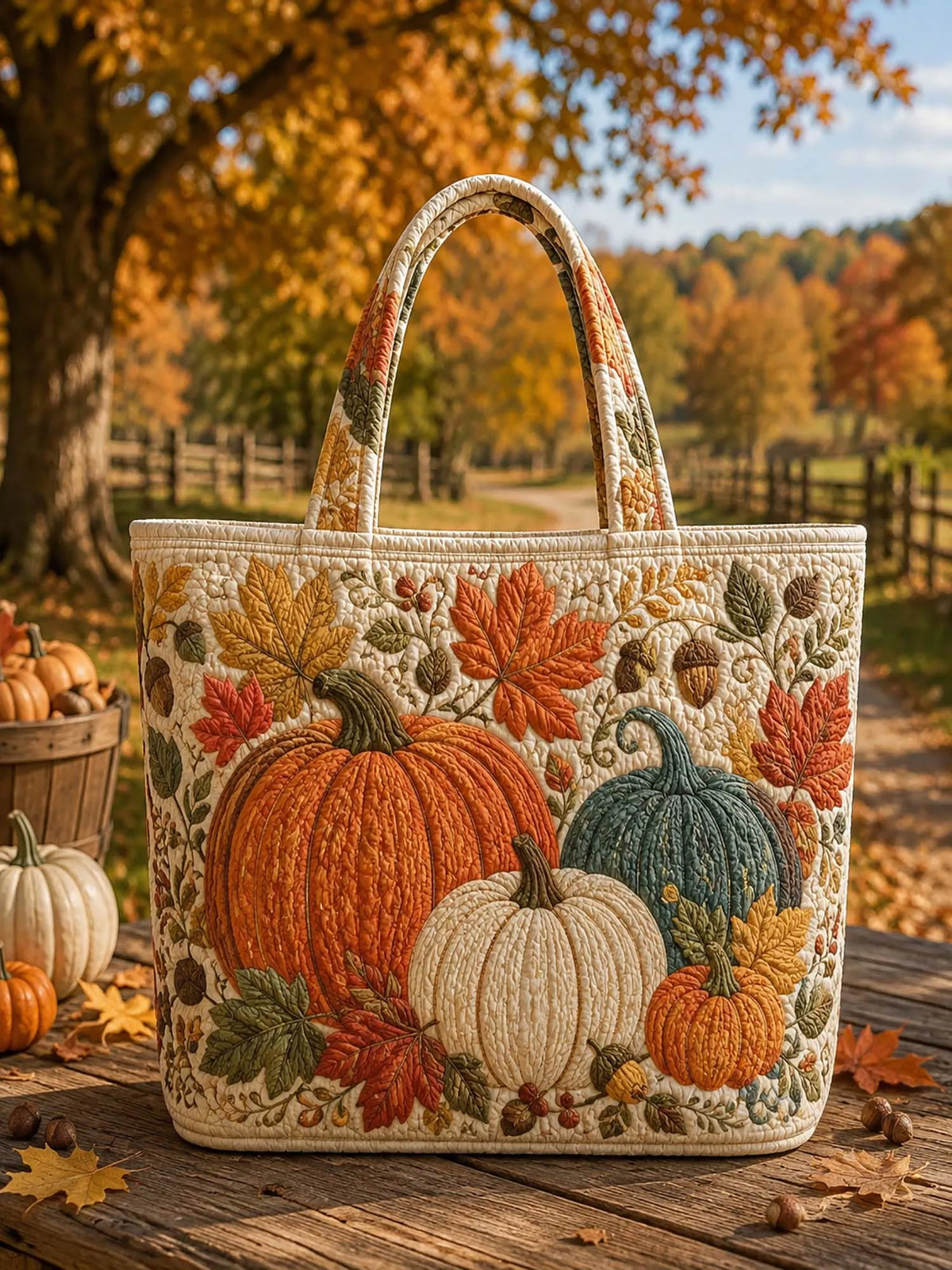 Autumn Harvest Multi‐Tone Pumpkin Maple Leaf Acorn Quilted Tote Bag