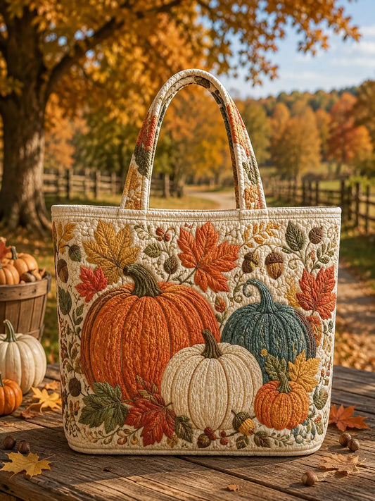 Autumn Harvest Multi‐Tone Pumpkin Maple Leaf Acorn Quilted Tote Bag