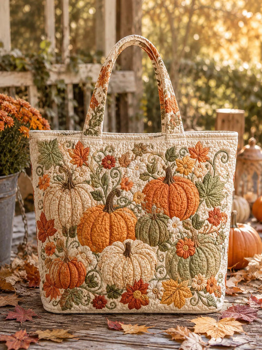 Harvest Pumpkin Floral Vines Quilted Tote Bag