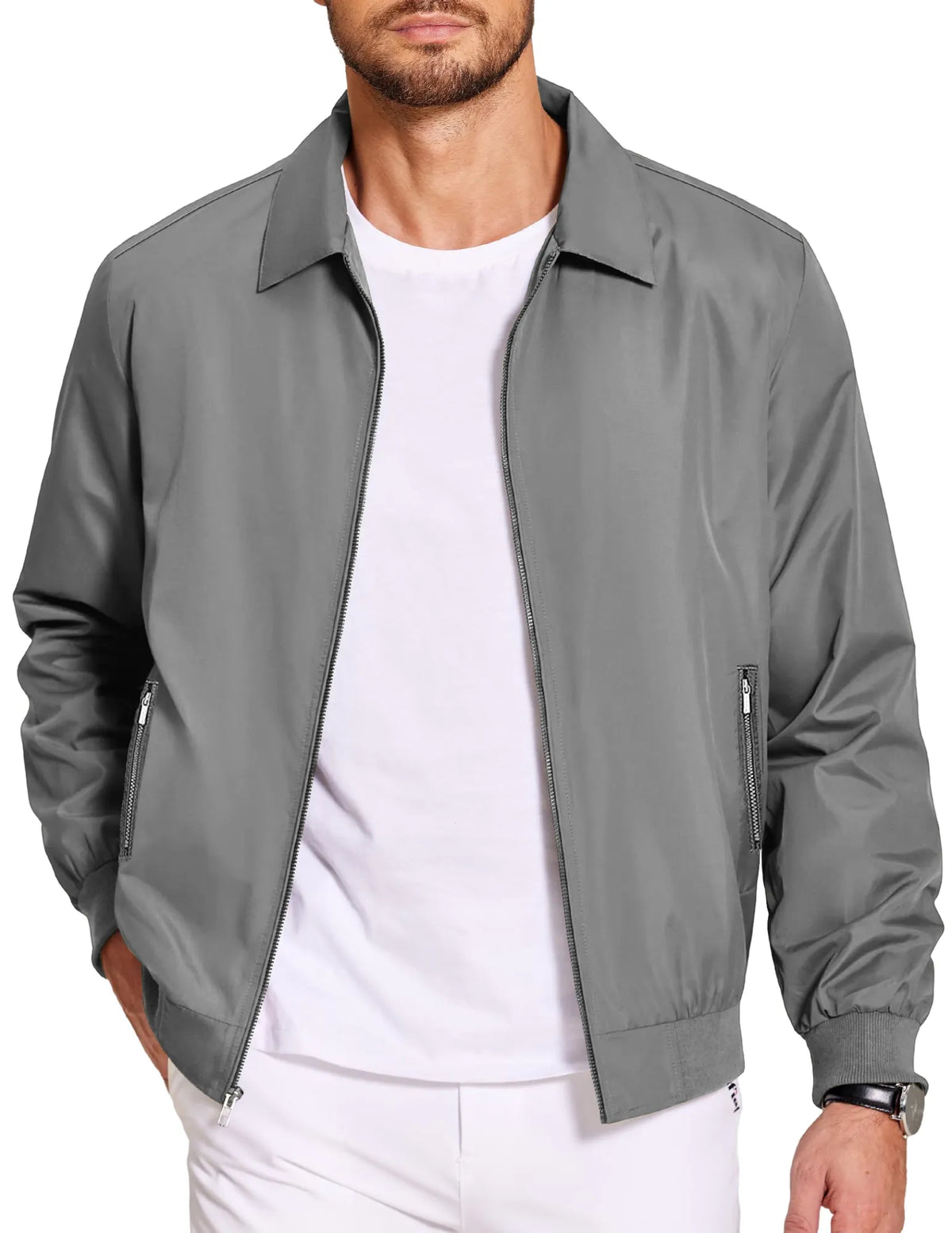 Men's Lightweight Jackets Casual Bomber Windbreaker Zip Up Collared Jacket Golf Windproof Coat