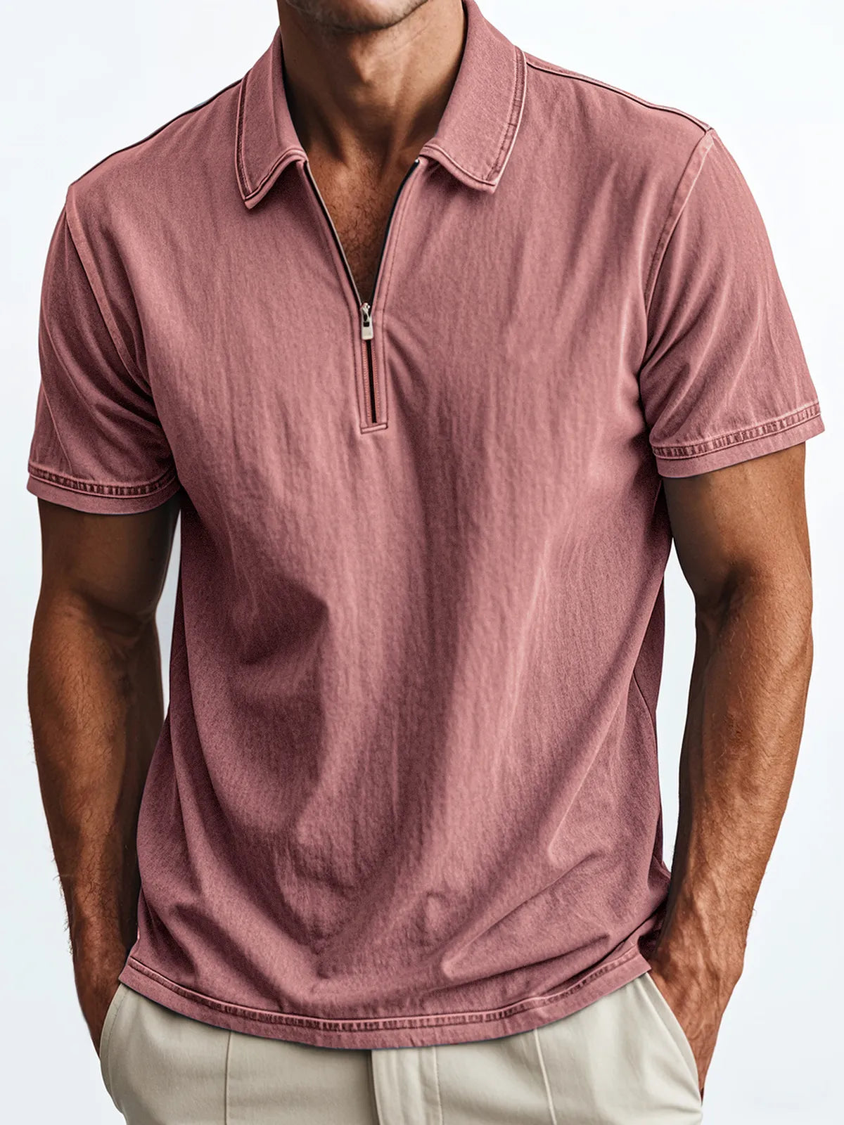 Men's Retro Quarter Zip Collar Casual Fit Polo Shirt