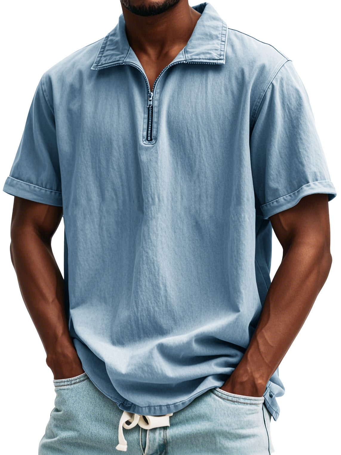 Men's Fashion Retro Zipper Stand Collar Short Sleeve Shirt