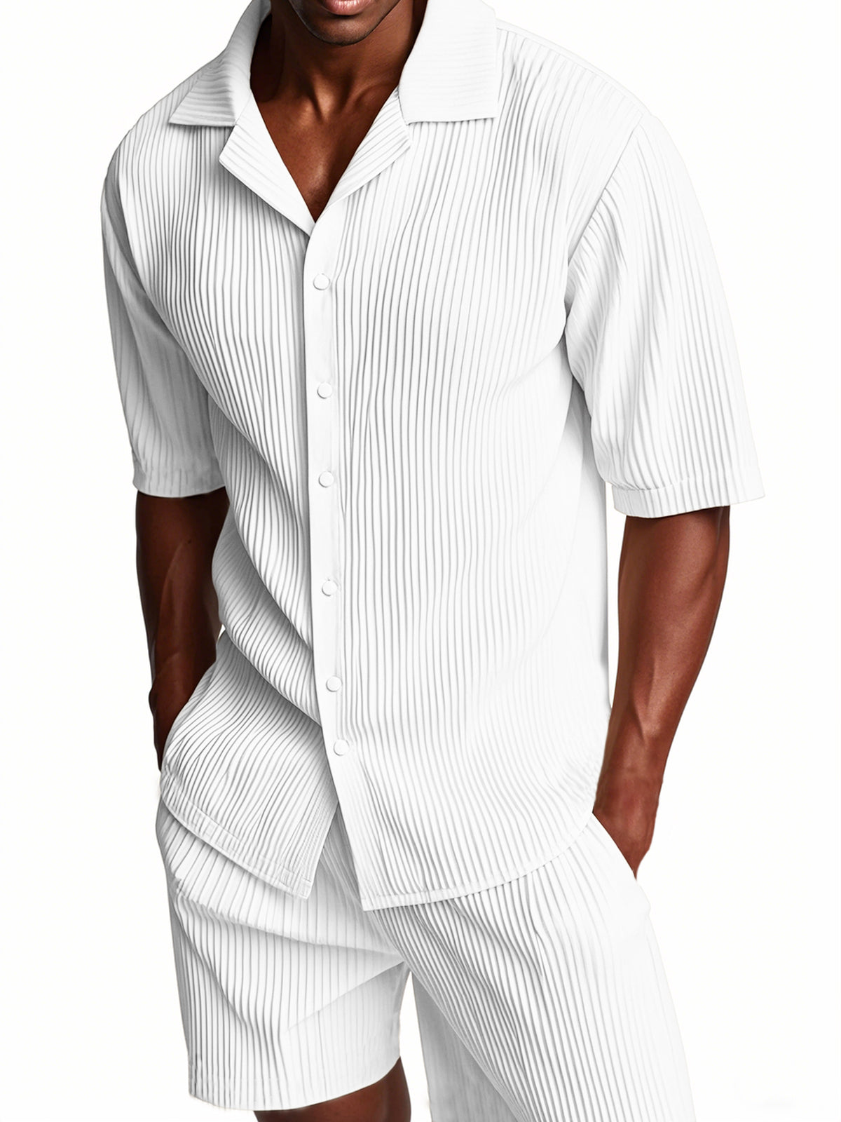 Men's Pleated Texture Suit Cuban Collar Casual Striped Fabric Short Sleeve Shirt Shorts Casual Two-piece Suit