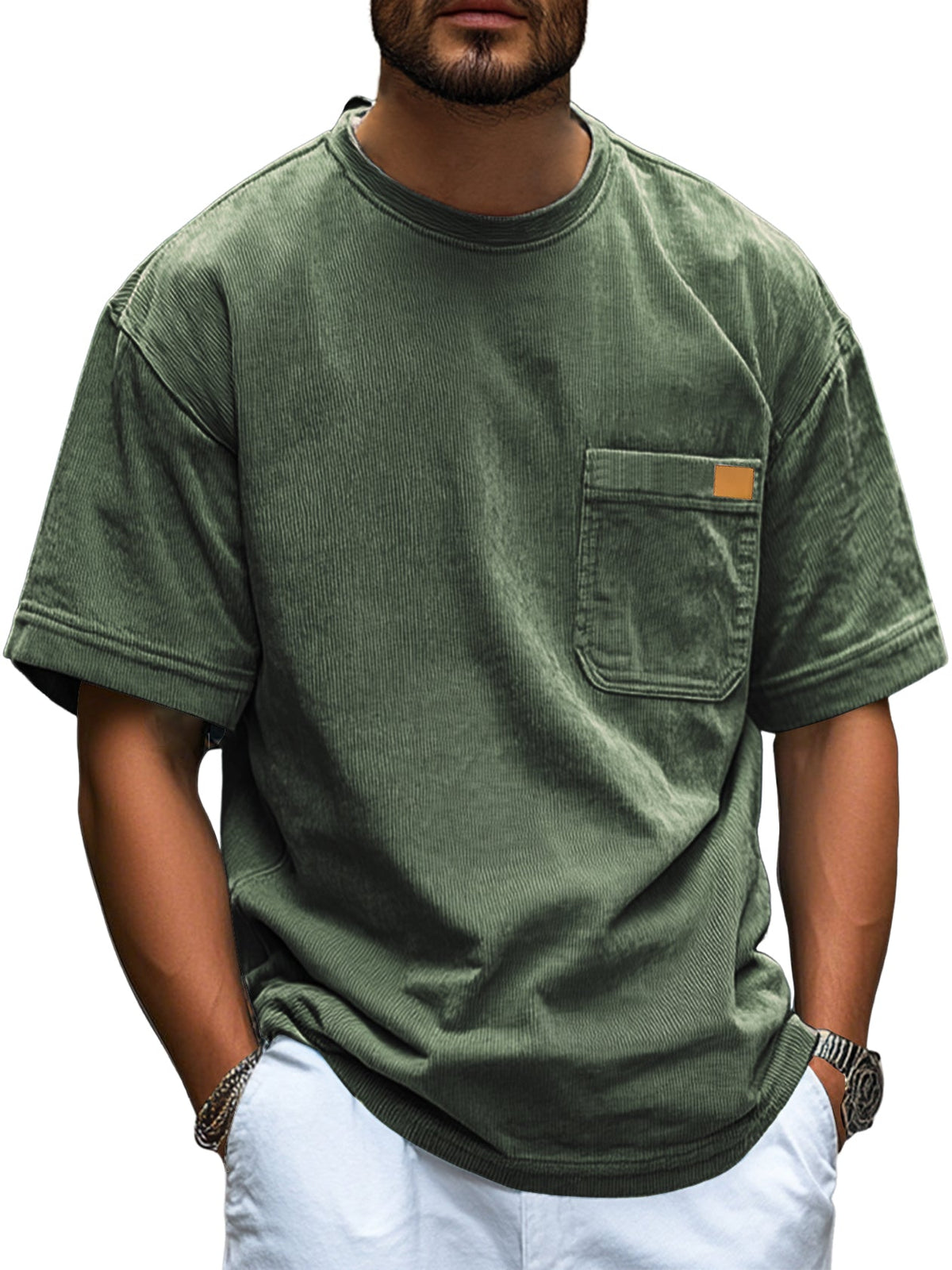 Men's Fashion Retro Corduroy Simple Embroidered Logo Pocket Casual Short-sleeved T-shirt