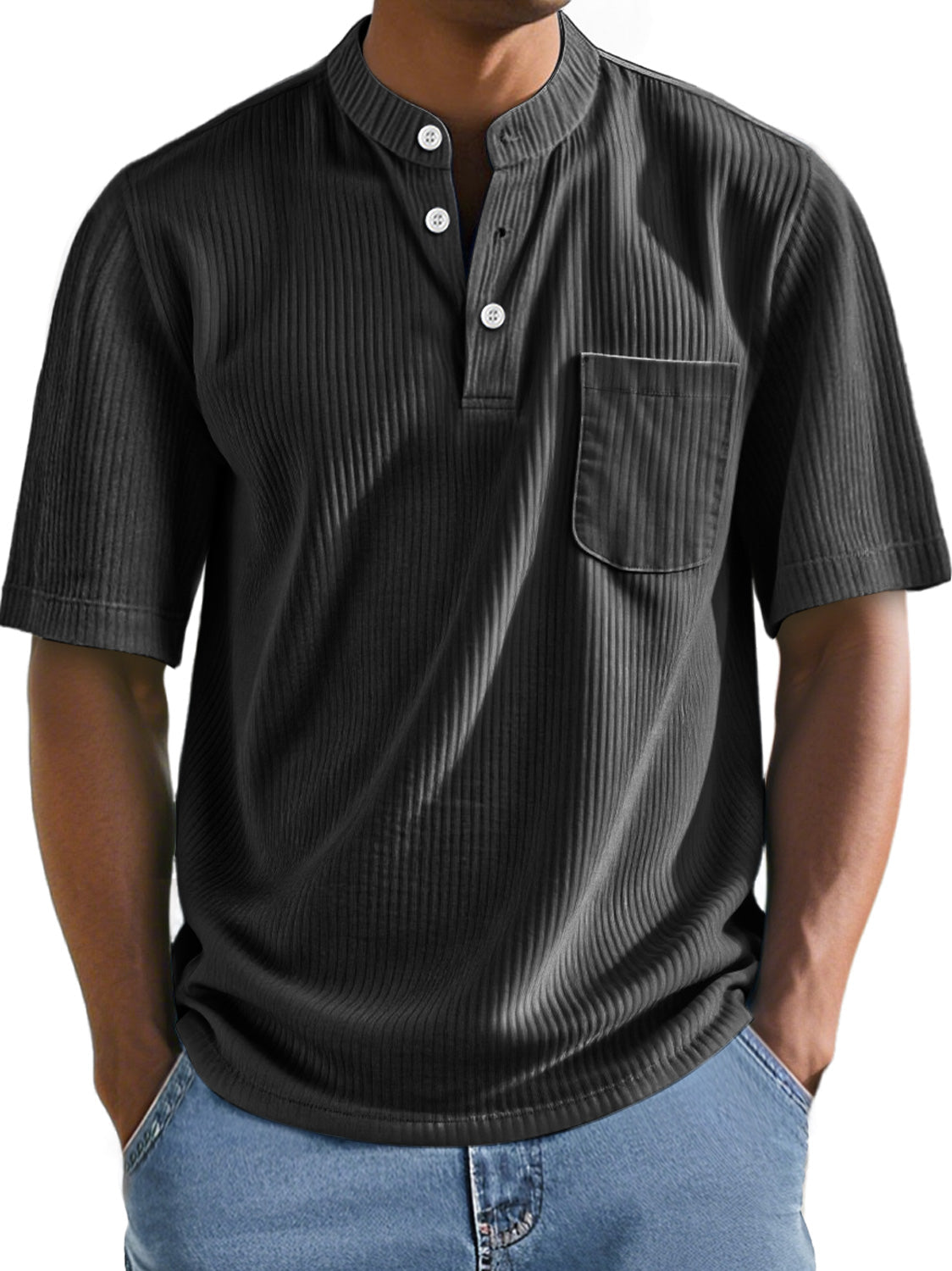 Men's Everyday Stand Collar Ribbed Pocket Comfort Short Sleeve Henley Shirt