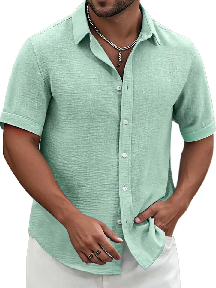 Men's Summer Solid Color Textured Short-sleeved Lapel Button-down Shirt
