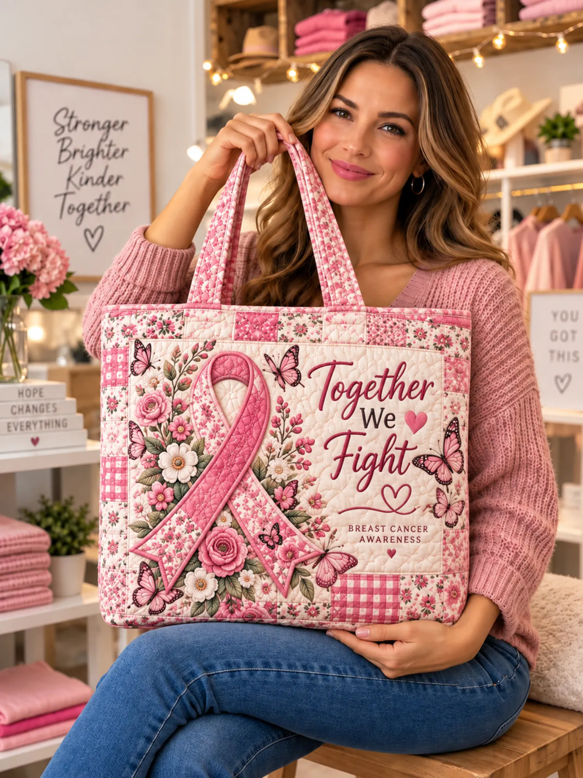Together We Fight Pink Ribbon Floral Patchwork Quilted Tote Bag