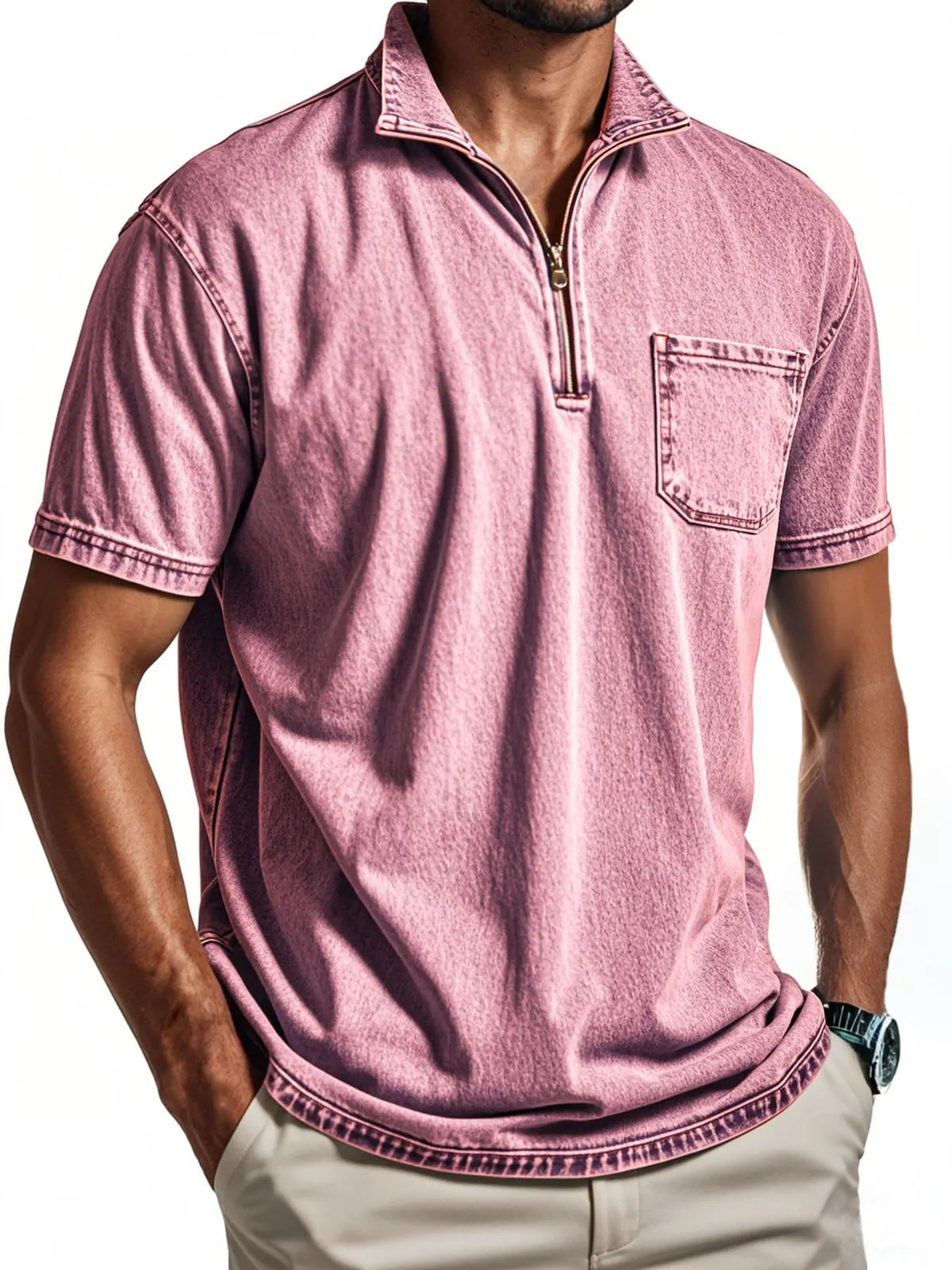 Men's Vintage Distressed Quarter Zip Polo Shirt With Chest Pocket