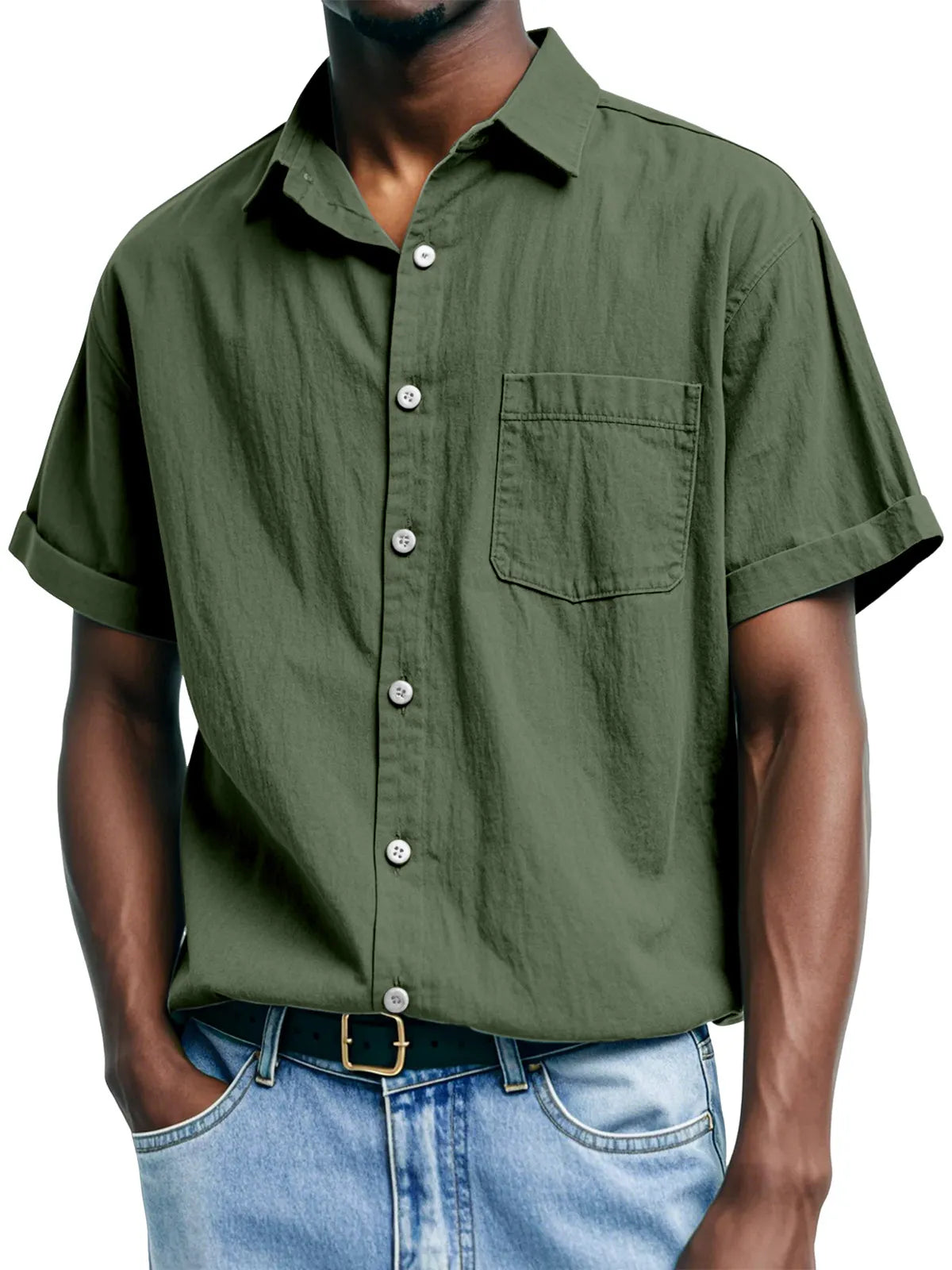 Men's Casual And Comfortable Solid Color Lapel Short-sleeved Shirt