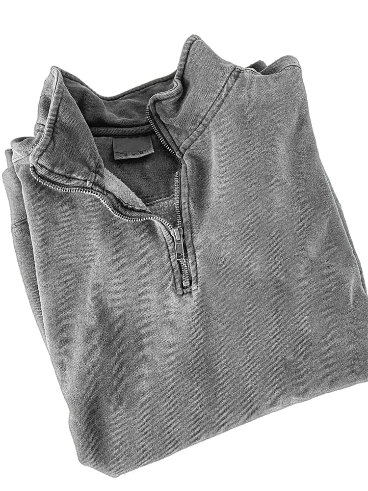Men's Quarter Zip Distressed Washed Cotton Zipper Long Sleeve Sweatshirt