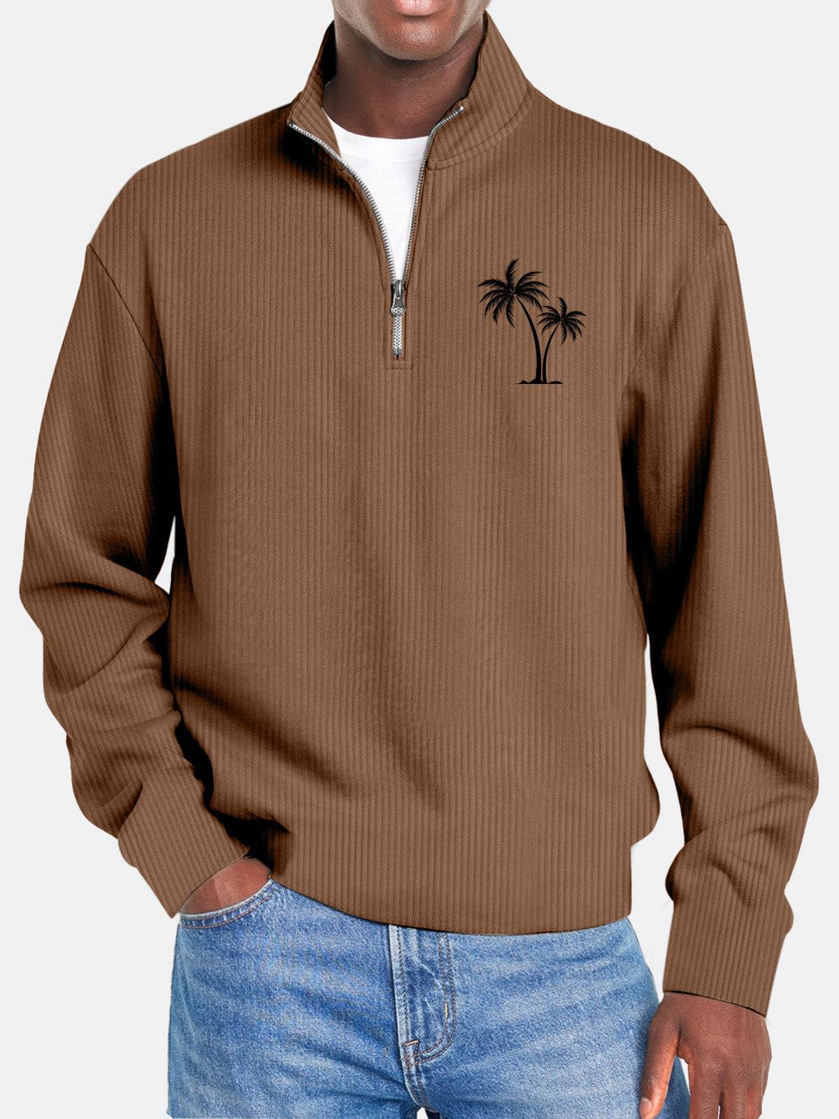 Men's Casual Solid Color Vertical Pit Stripe Coconut Tree Print Zipper Long Sleeve Top
