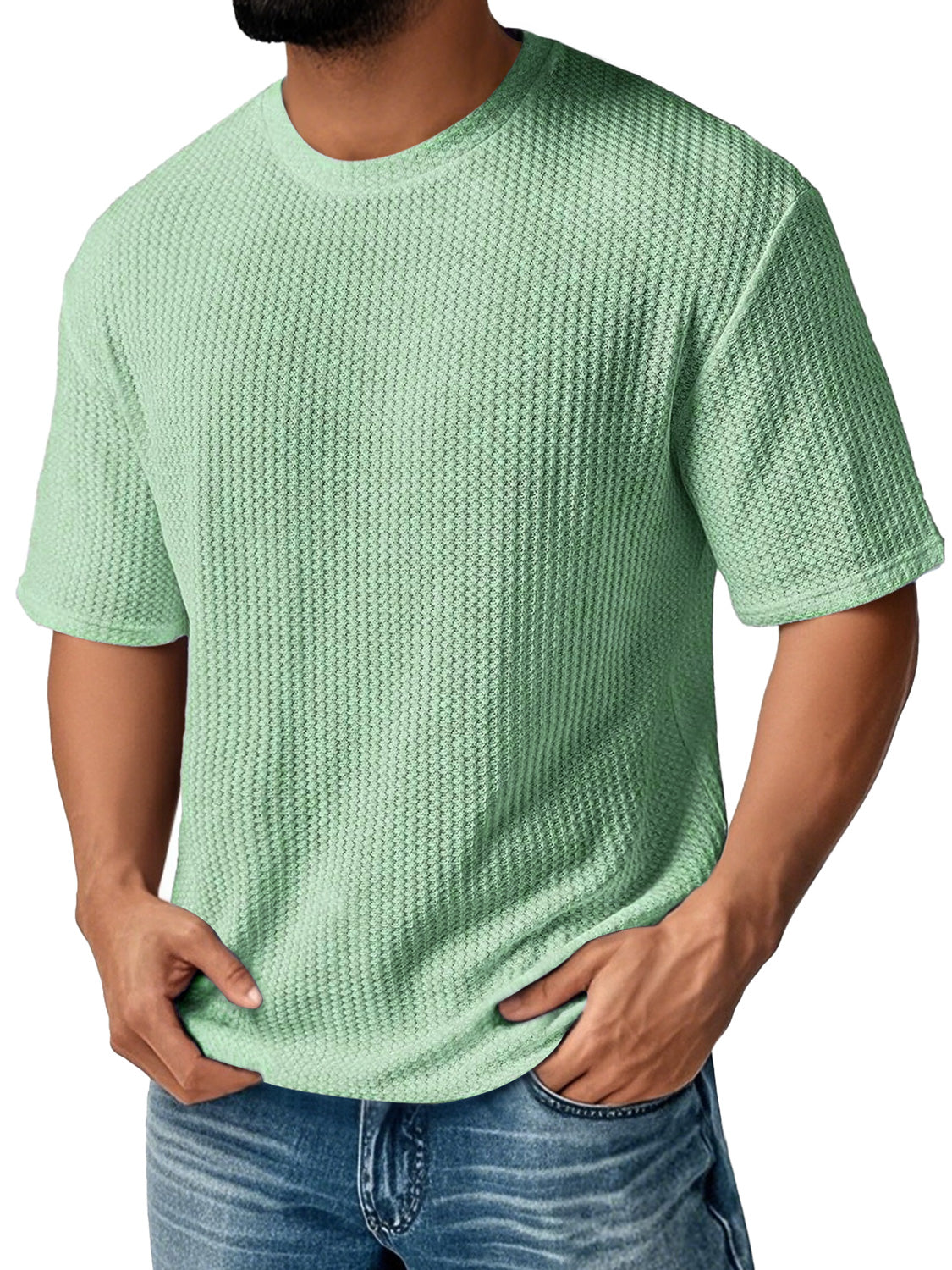 Men's Daily Round Neck Waffle Casual Solid Color Comfortable Short Sleeve T-shirt