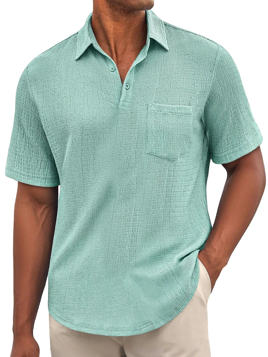 Men's Daily Bubble Wrinkle Casual Pocket Solid Color Short Sleeve POLO Shirt
