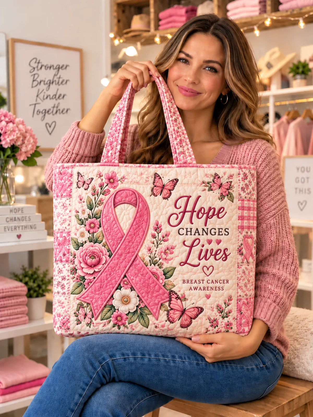 Hope Changes Lives Pink Ribbon Butterfly Patchwork Quilted Tote Bag
