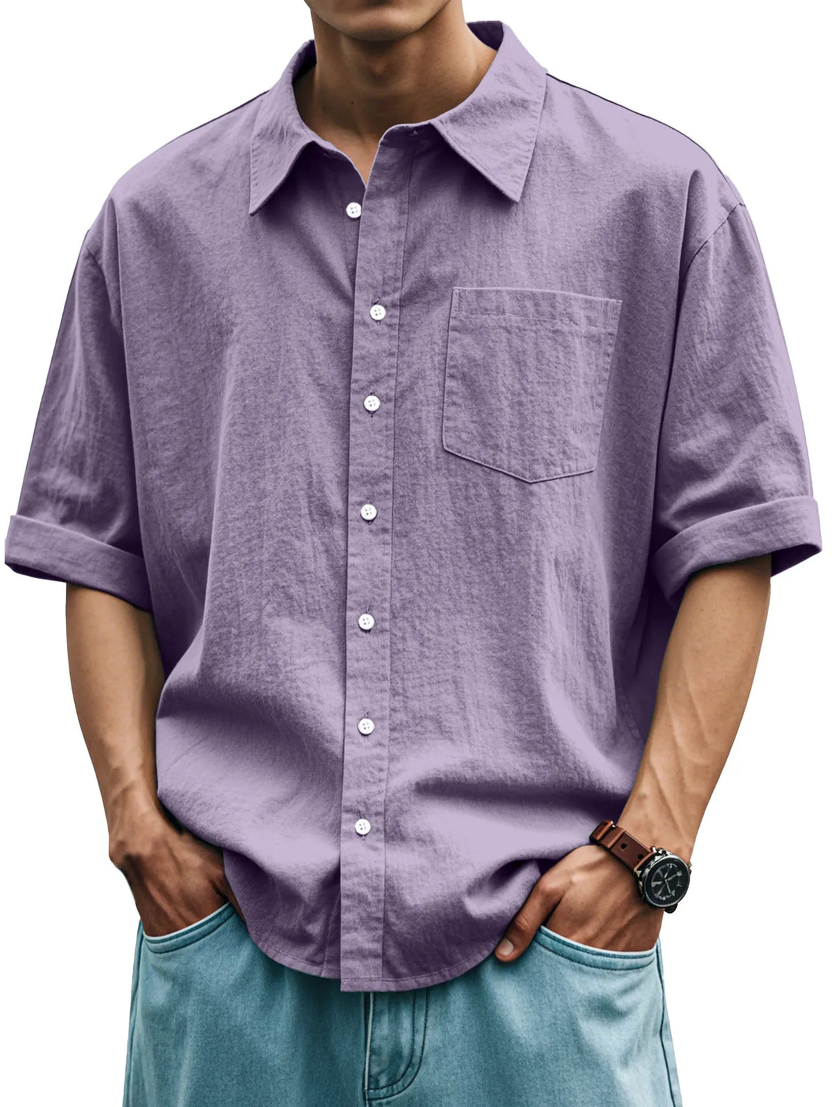 Men's Casual Everyday Solid Color Plaid Short Sleeve Button-down Shirt