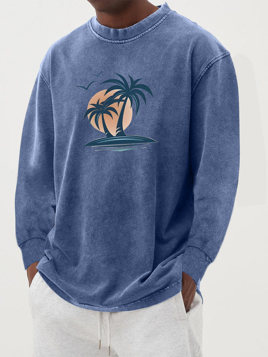Men's Washed And Distressed 100% Palm Tree Print Long-sleeved T-shirt