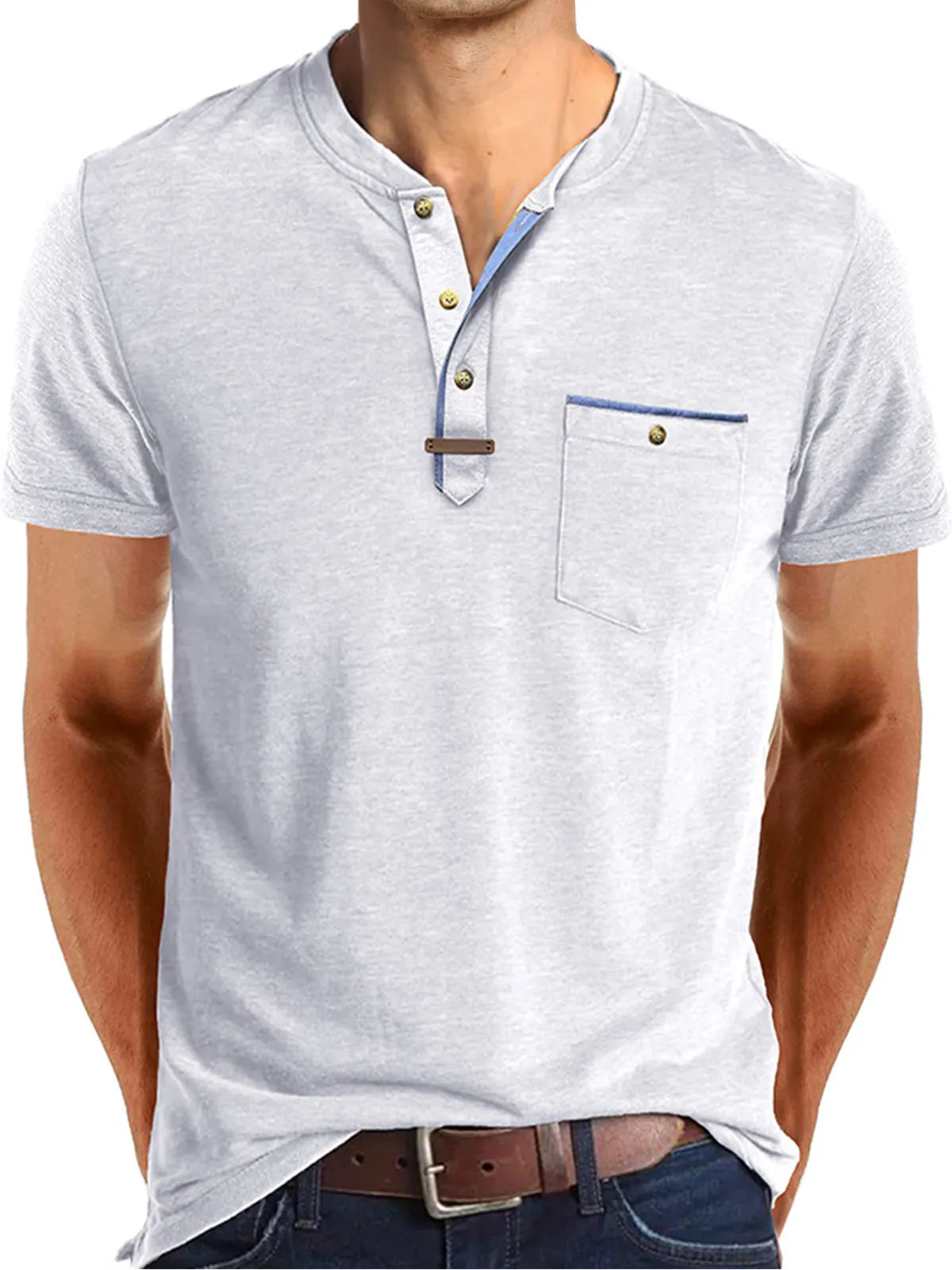Men's Casual Button Solid Color Pocket Short Sleeve Henley Shirt