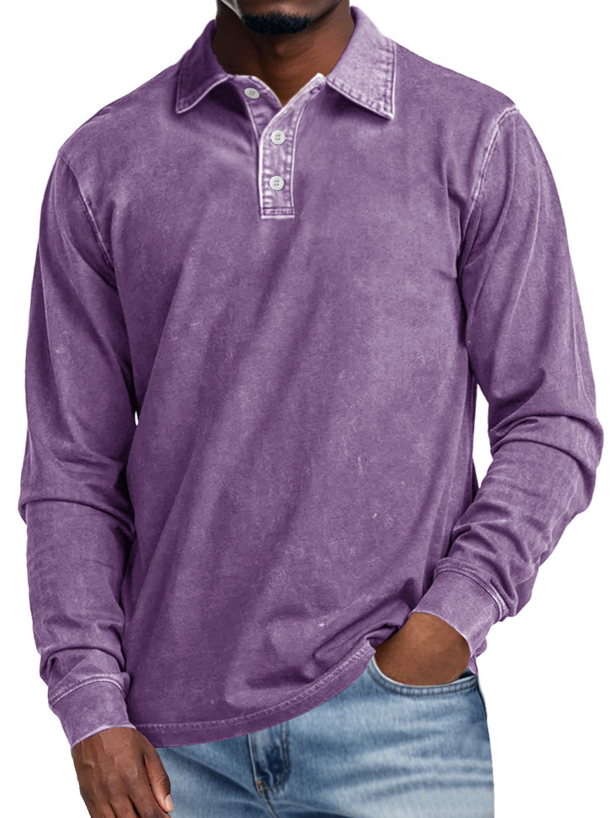Men's Retro Lapel Button Casual Solid Color Long Sleeve Polo Shirt