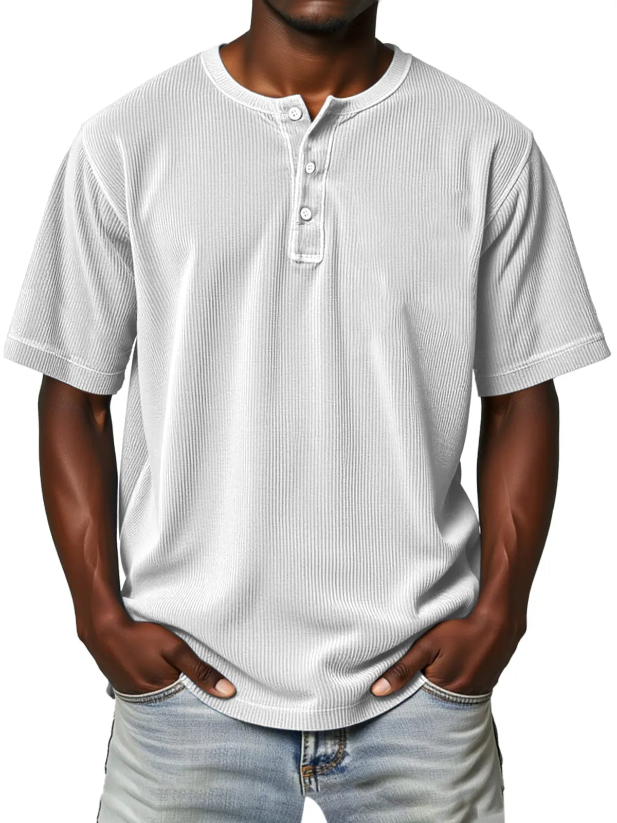 Men's Everyday Retro Vertical Stripe Solid Color Comfortable Short Sleeve Henley Shirt