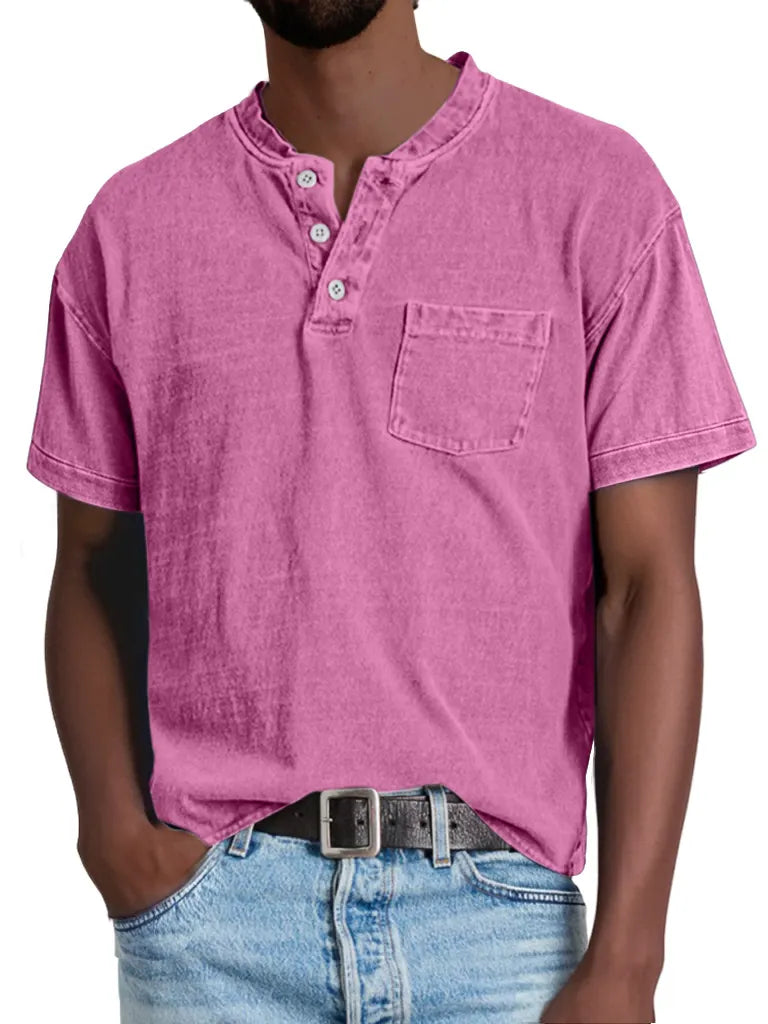 Men's Retro Casual Solid Color Pocket Short Sleeve Henley Shirt
