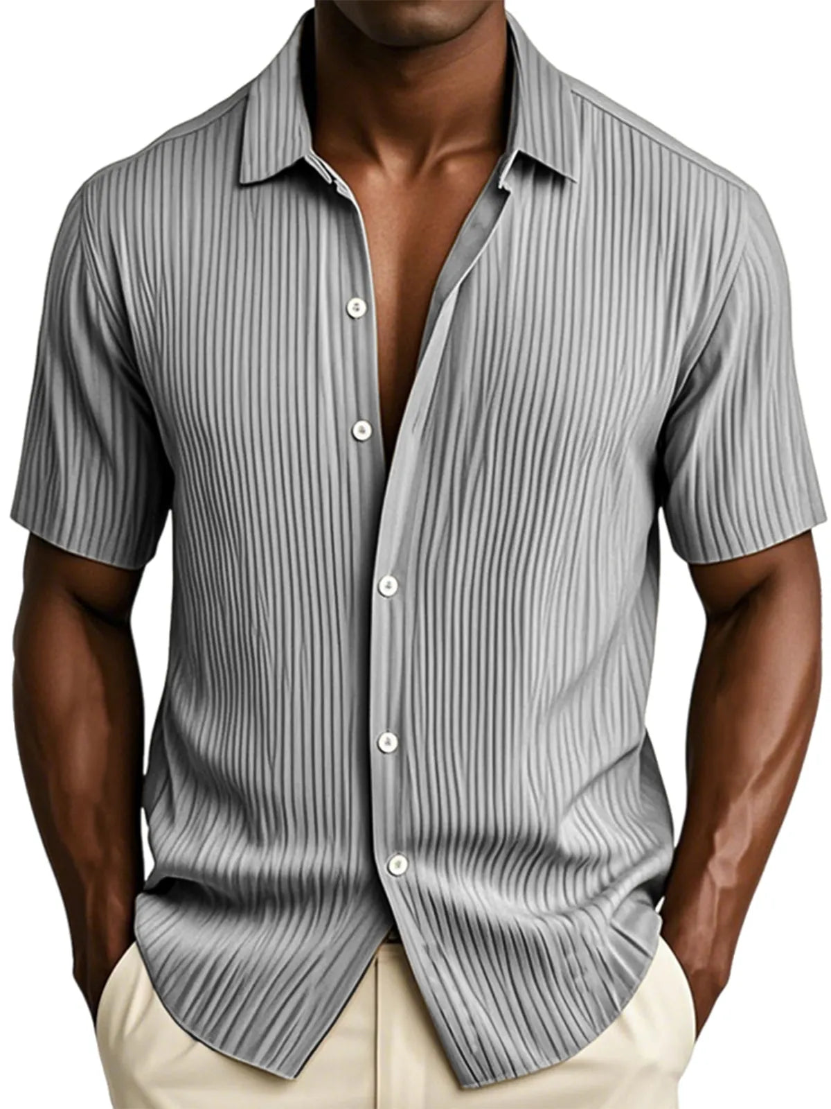 Men's Textured Vertical Striped Ice Silk Ripped Casual Button-down Short-sleeved Shirt