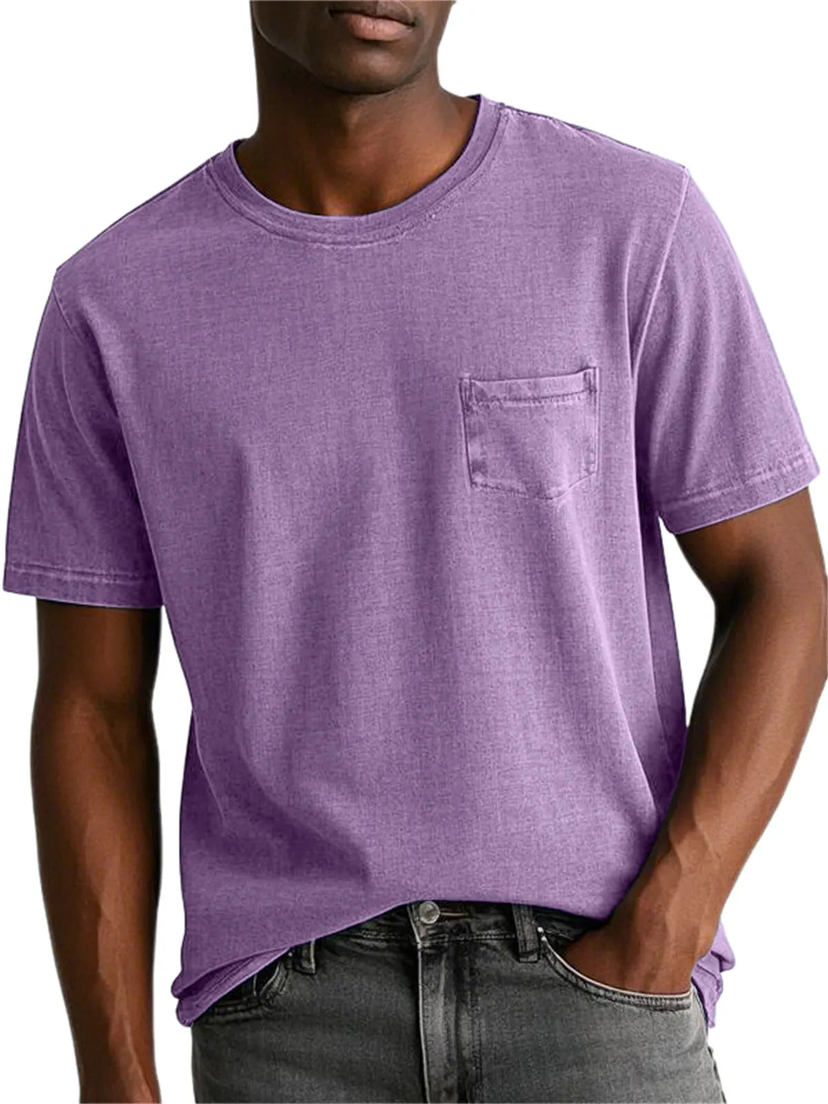 Men's 100% Cotton Washed And Distressed Retro Pocket Round Neck Short-sleeved T-shirt