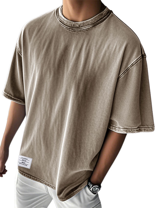 Men's Stylish Washed Distressed Cotton Logo Casual Short Sleeve T-shirt