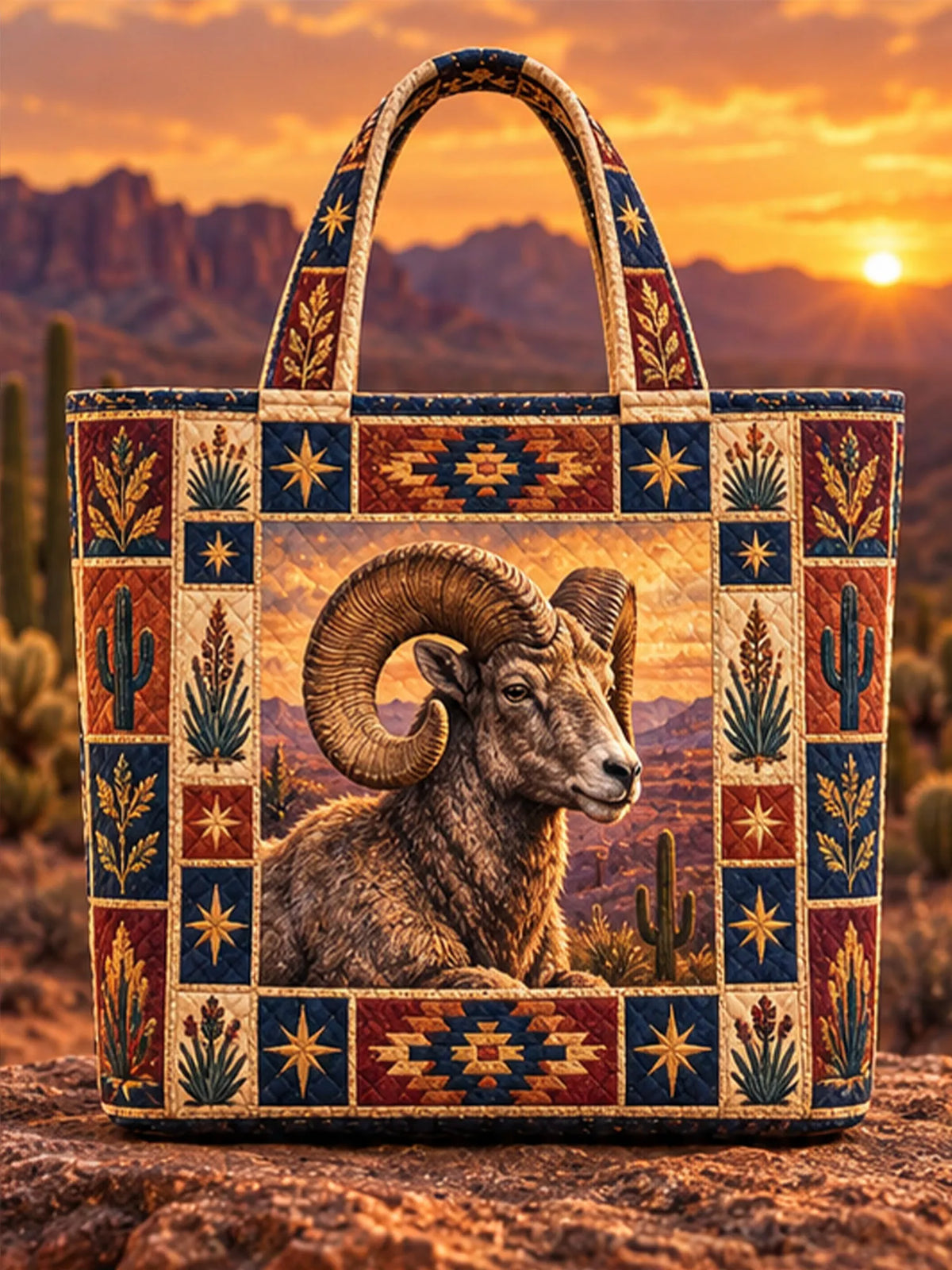 Vintage Bighorn Sheep Navajo Tribal Desert Patchwork Quilted Tote Bag