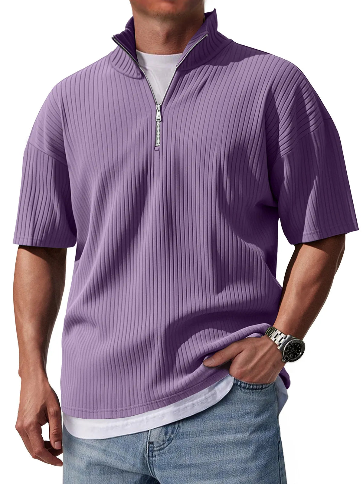 Men's Stand Collar Zipper Pit Casual Solid Color Short-sleeved T-shirt