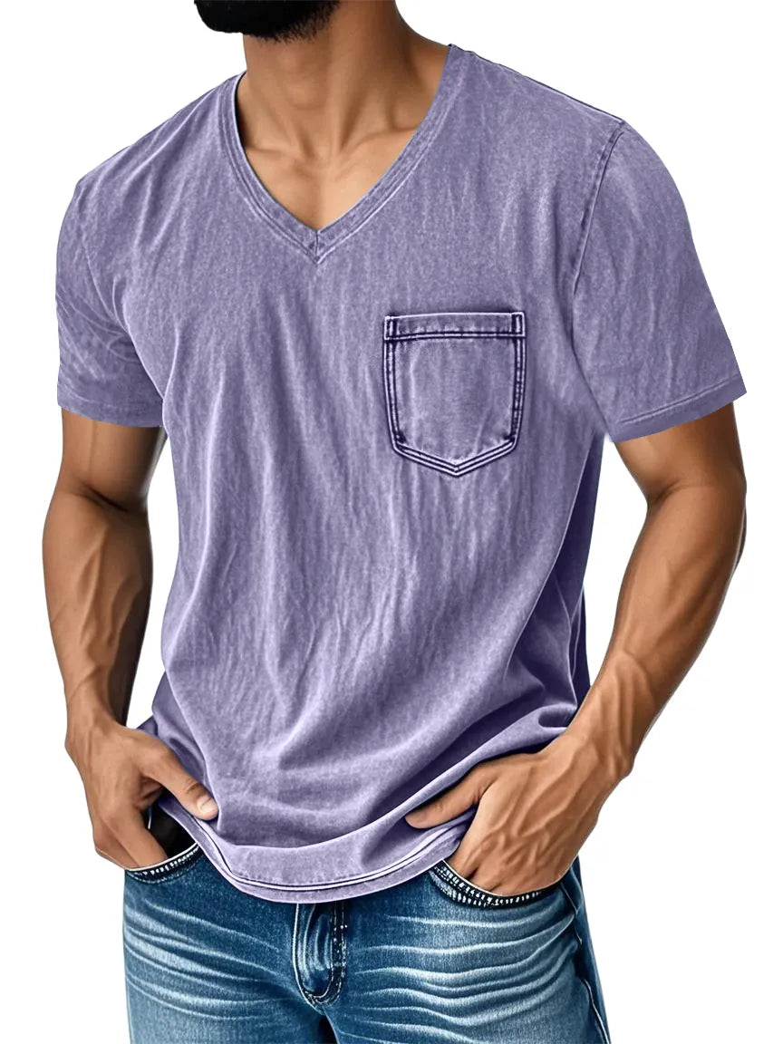 Men's Washed And Distressed Retro V-neck Pocket Casual Short-sleeved T-shirt