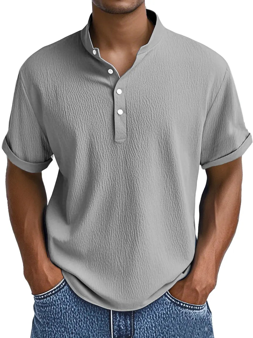 Men's Summer Daily Solid Color Pleated Texture Short-sleeved Henley Shirt