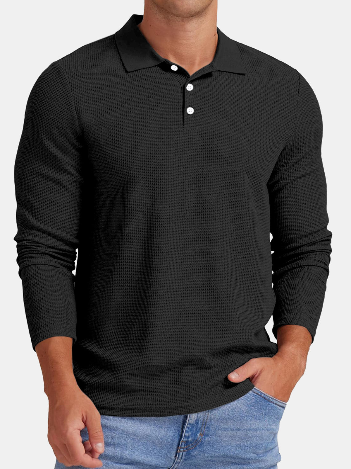 Men's Autumn Comfortable Solid Color Waffle Button Long Sleeve Polo Shirt