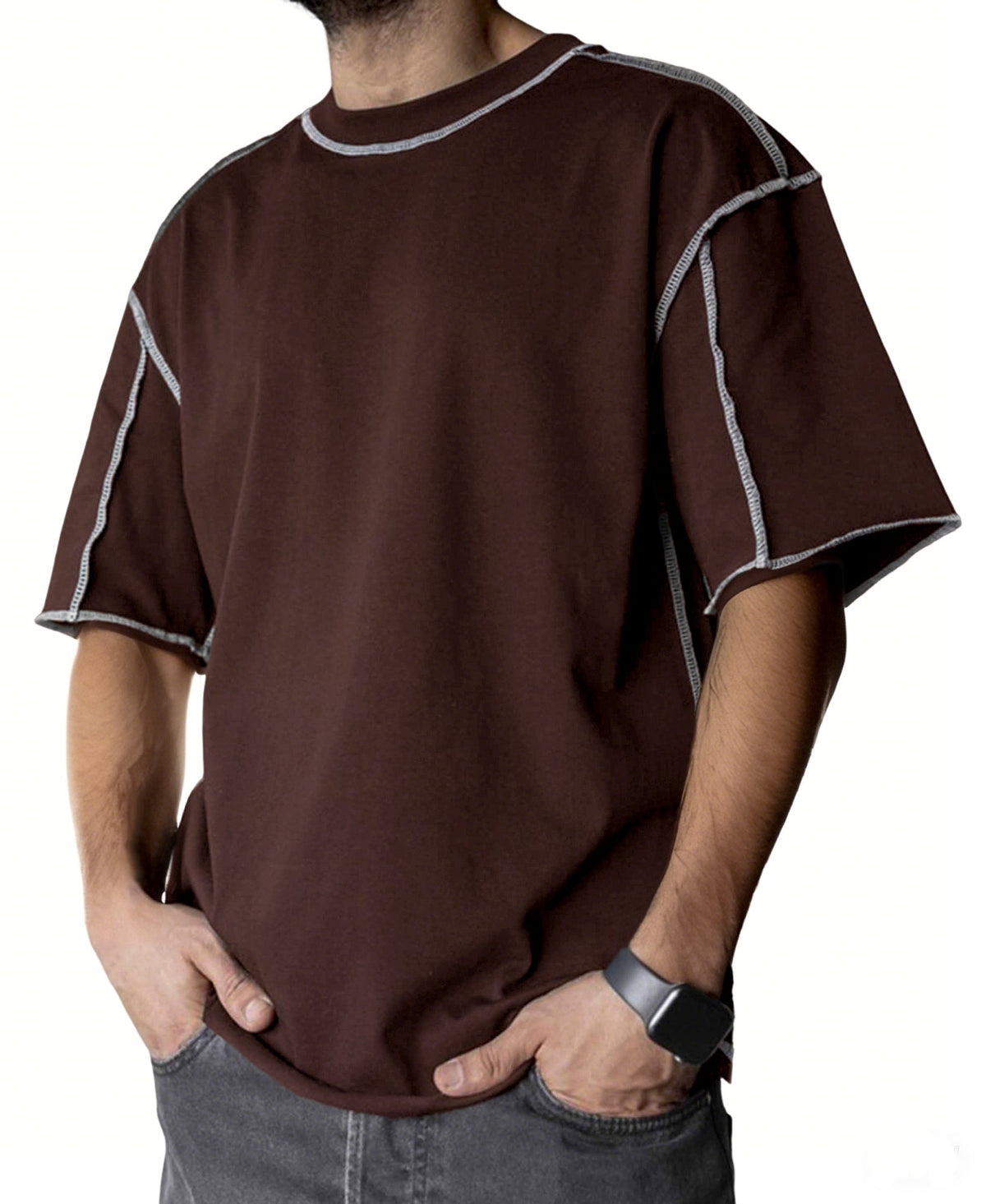 Men's Stylish Contrast Stitch Casual Everyday Basics Crew Neck T-Shirt