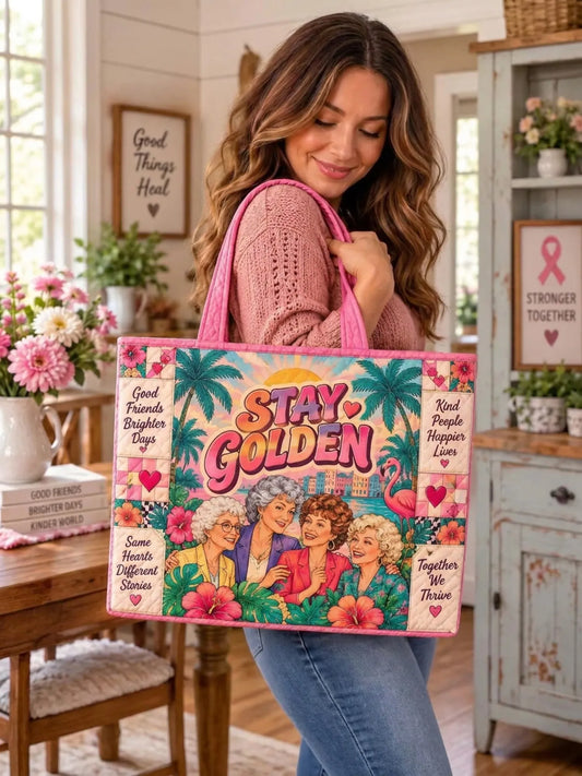 Stay Golden Vintage Ladies Tropical Patchwork Quilted Tote Bag